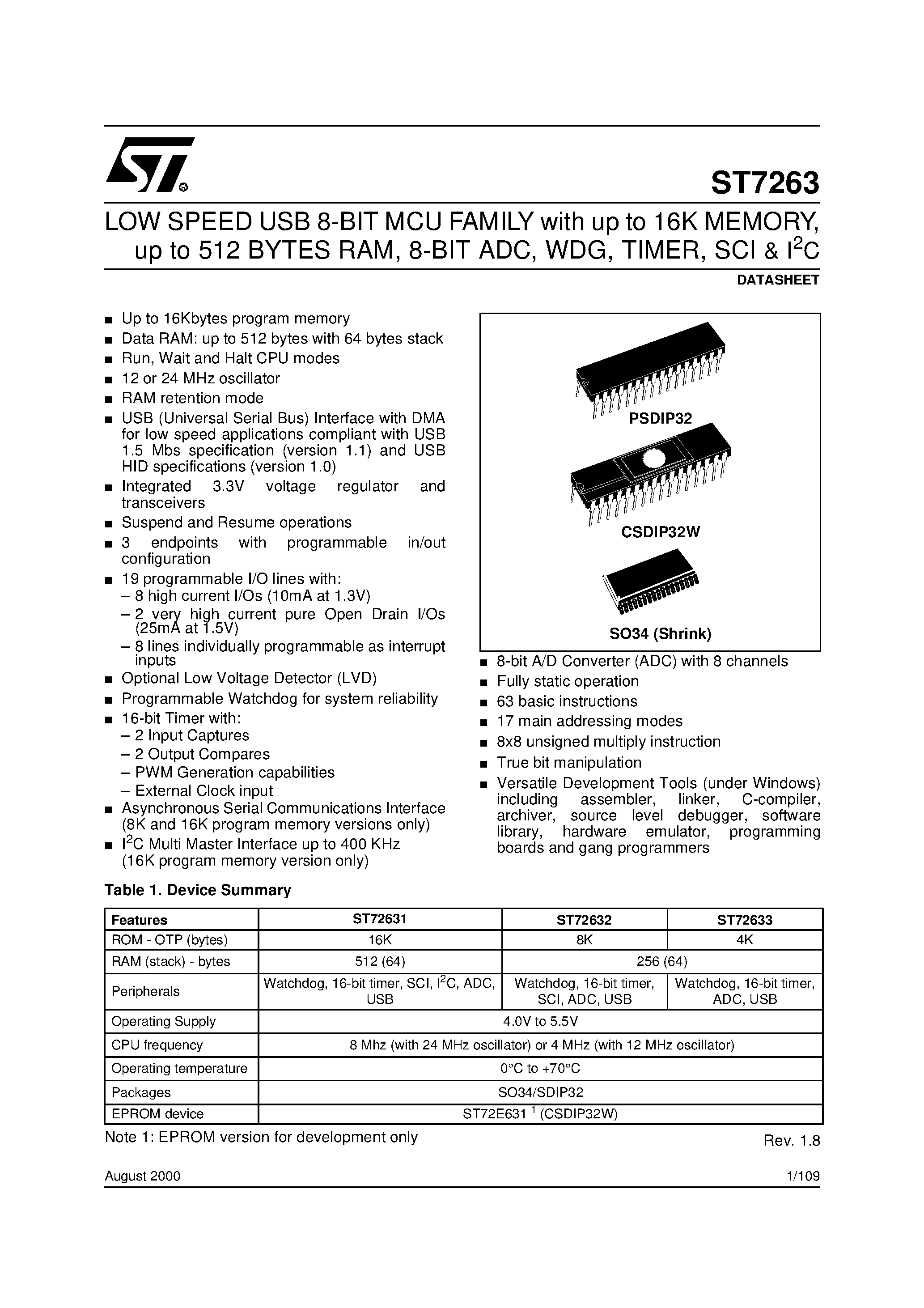 Даташит ST7263 - LOW SPEED USB 8-BIT MCU FAMILY страница 1