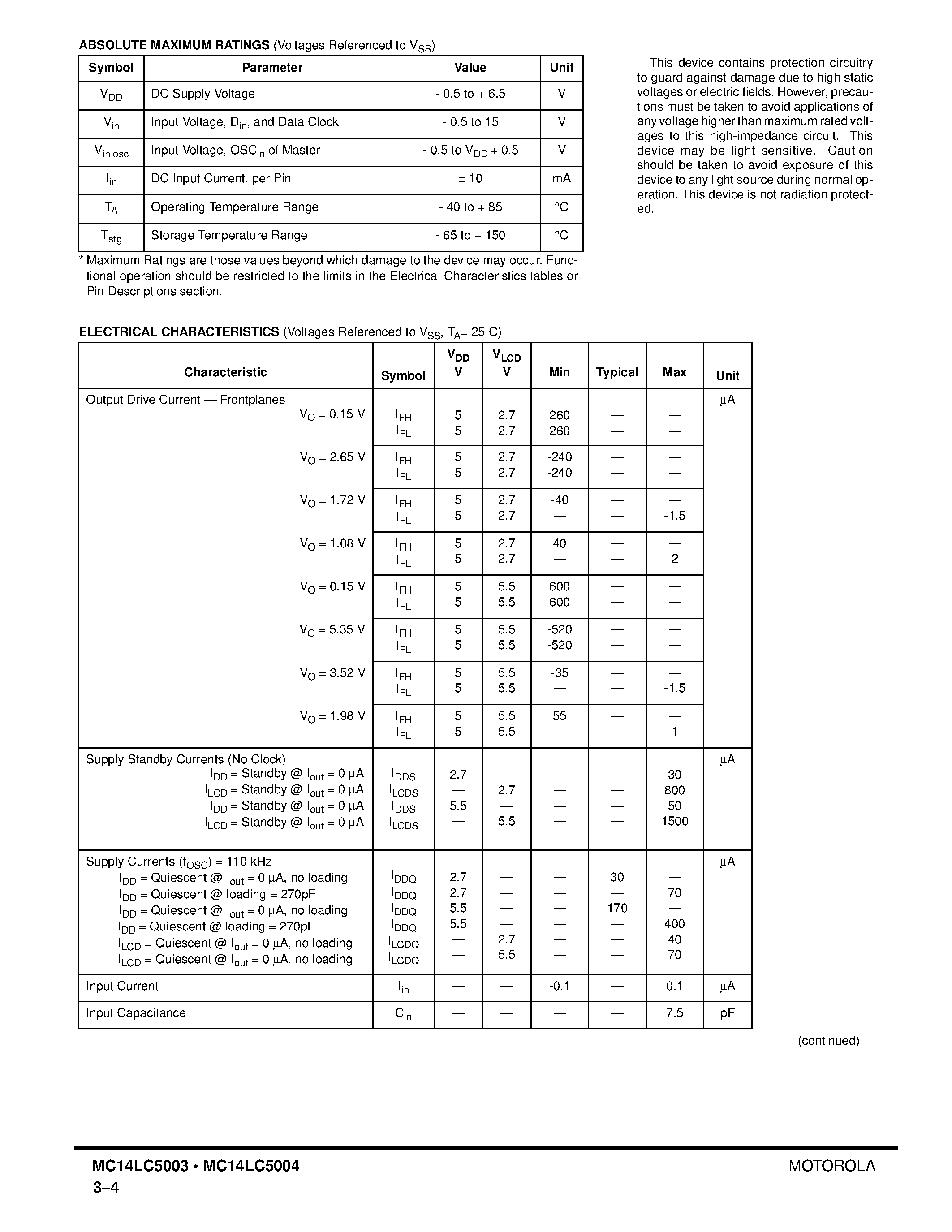 Datasheet MC14LC5003 - (MC14LC5003 / MC14LC5004) 128 Segment LCD Drivers page 2