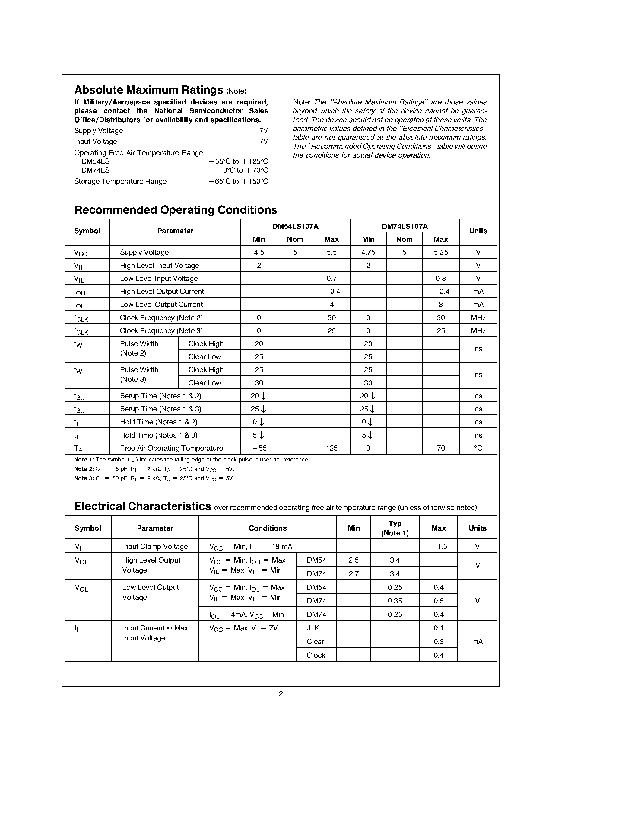 Datasheet DM74LS107A - Dual Negative-Edge- Triggered Master-Slave J-K Flip-Flops page 2