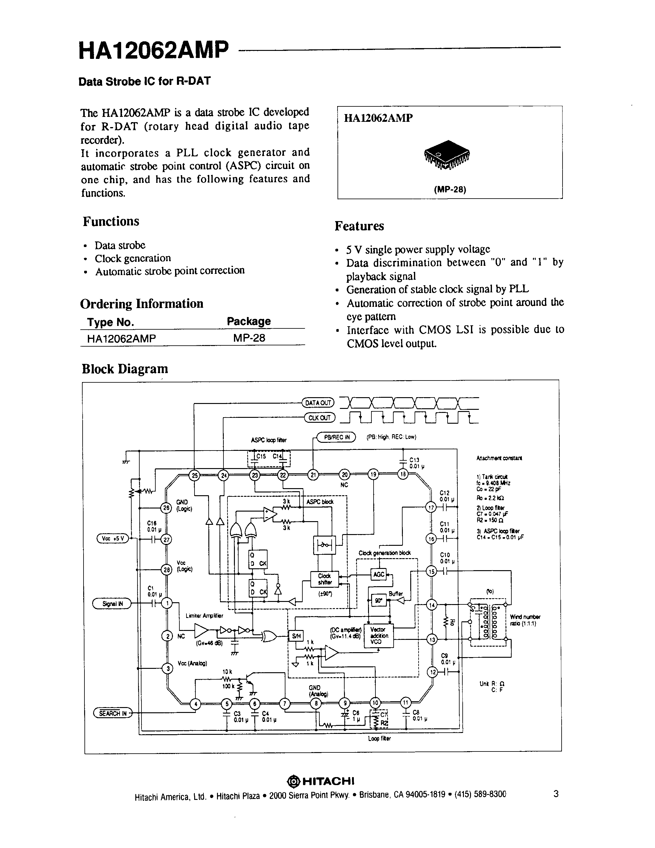 Datasheet HA12062AMP - Data Strobe IC Developed For R-DAT page 1