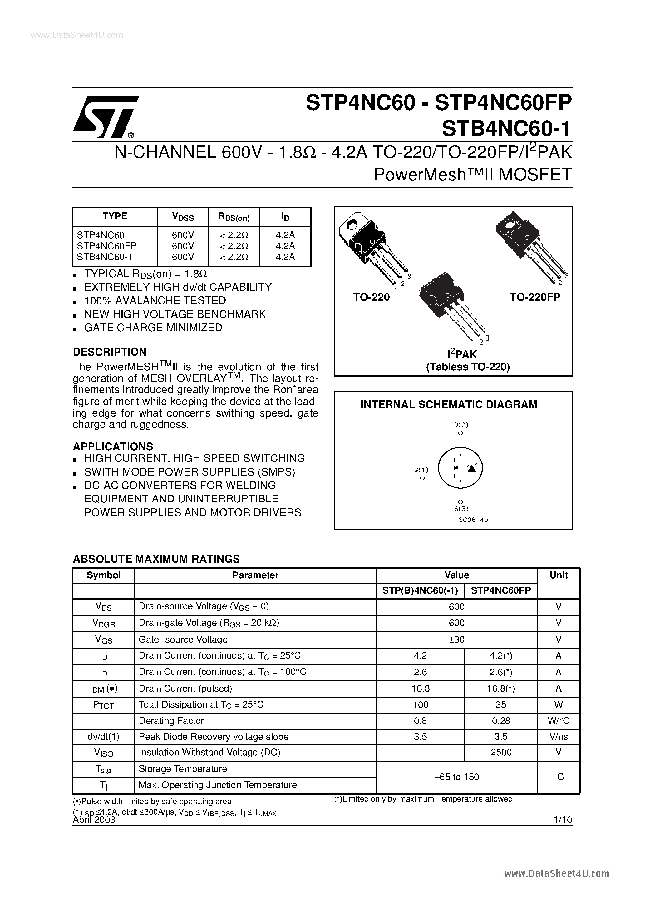 Даташит P4NC60 - Search -----> STP4NC60 страница 1