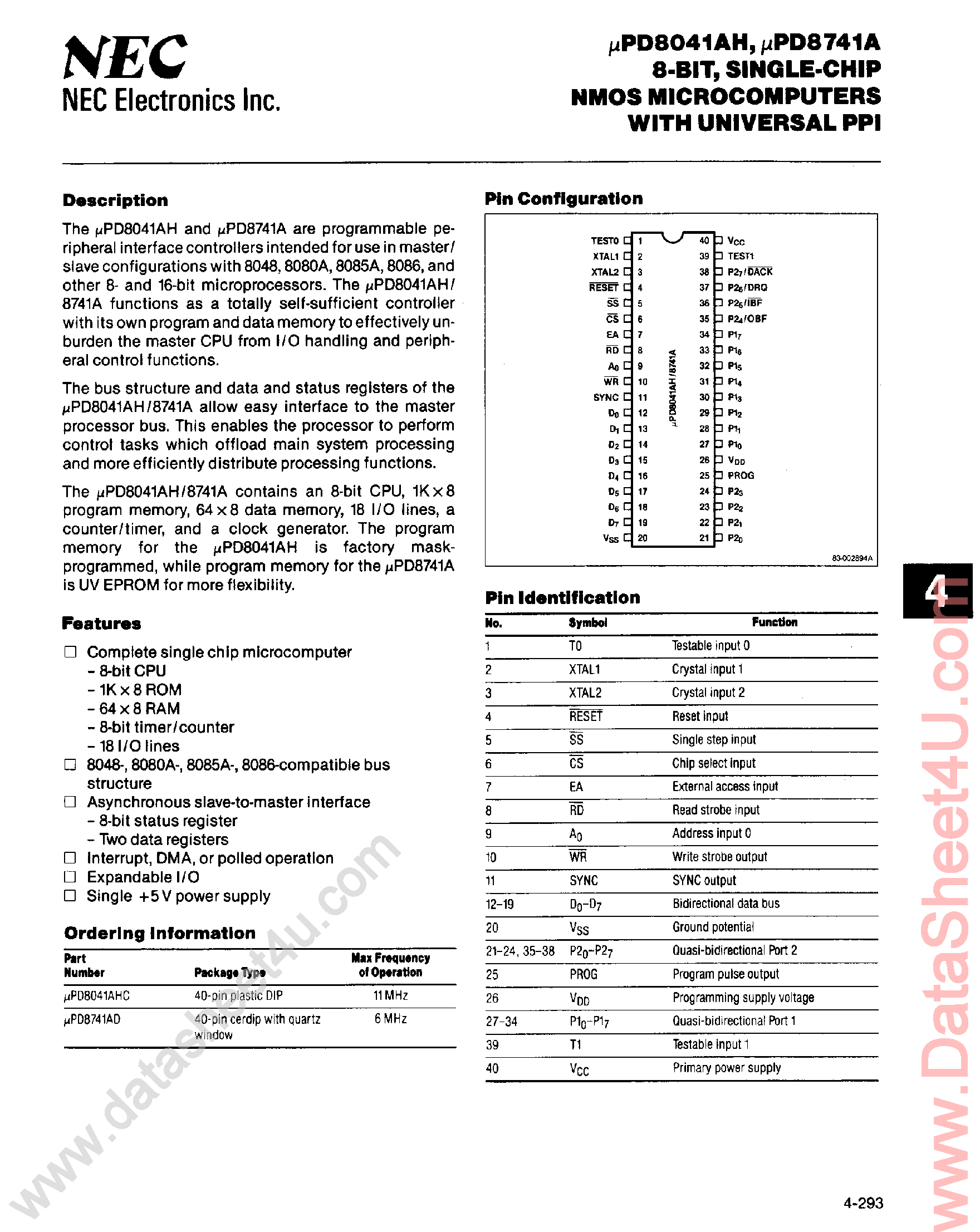 Даташит UPD8041AH - (UPD8741A / UPD8041AH) 8-Bit Single-Chip NMOS Microcomputers with Universal PPI страница 1