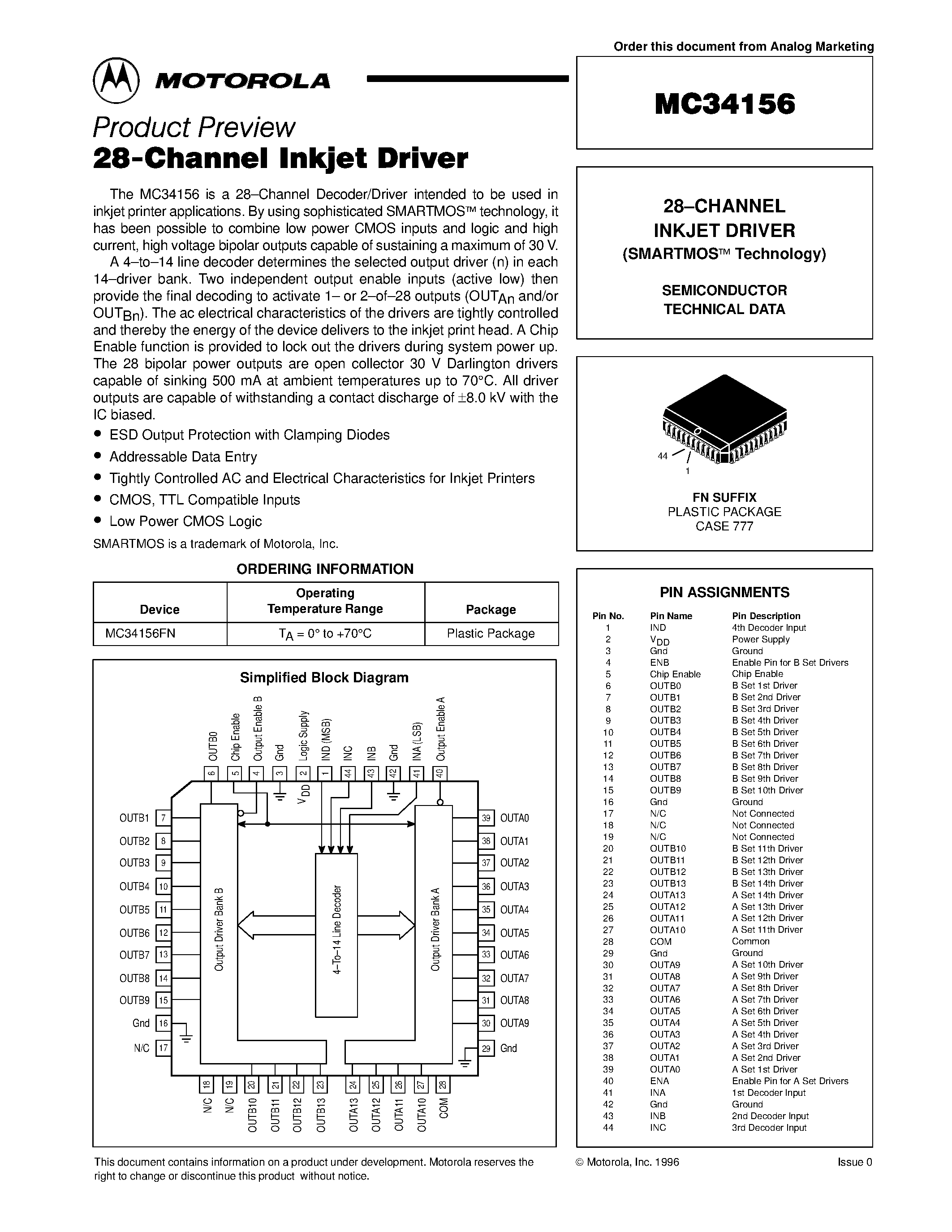 Даташит MC34156 - 28-CHANNEL INKJET DRIVER (SMARTMOS Technology) страница 1