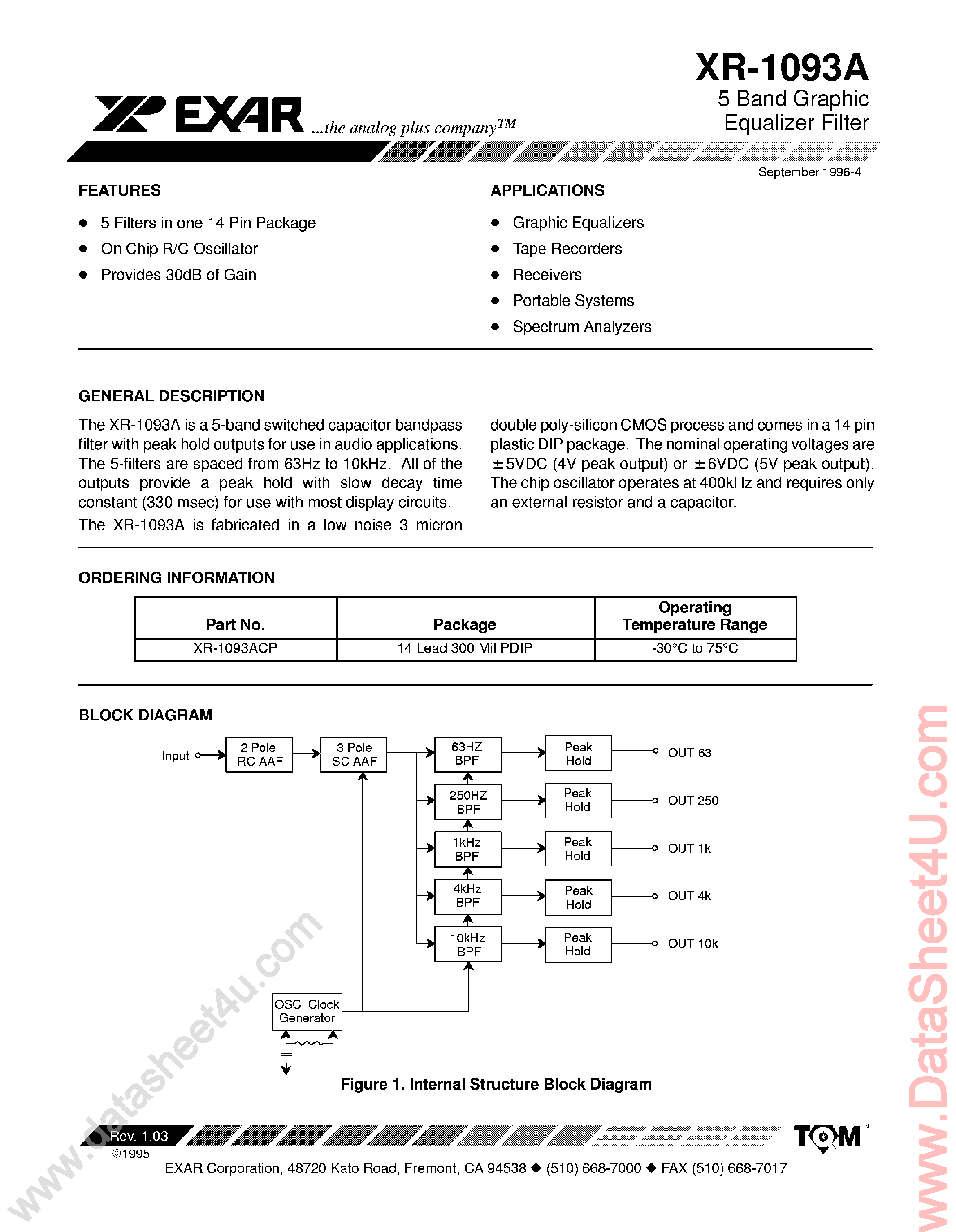 Datasheet XR-1093A - 5 Band Graphic Equalizer Filter page 1