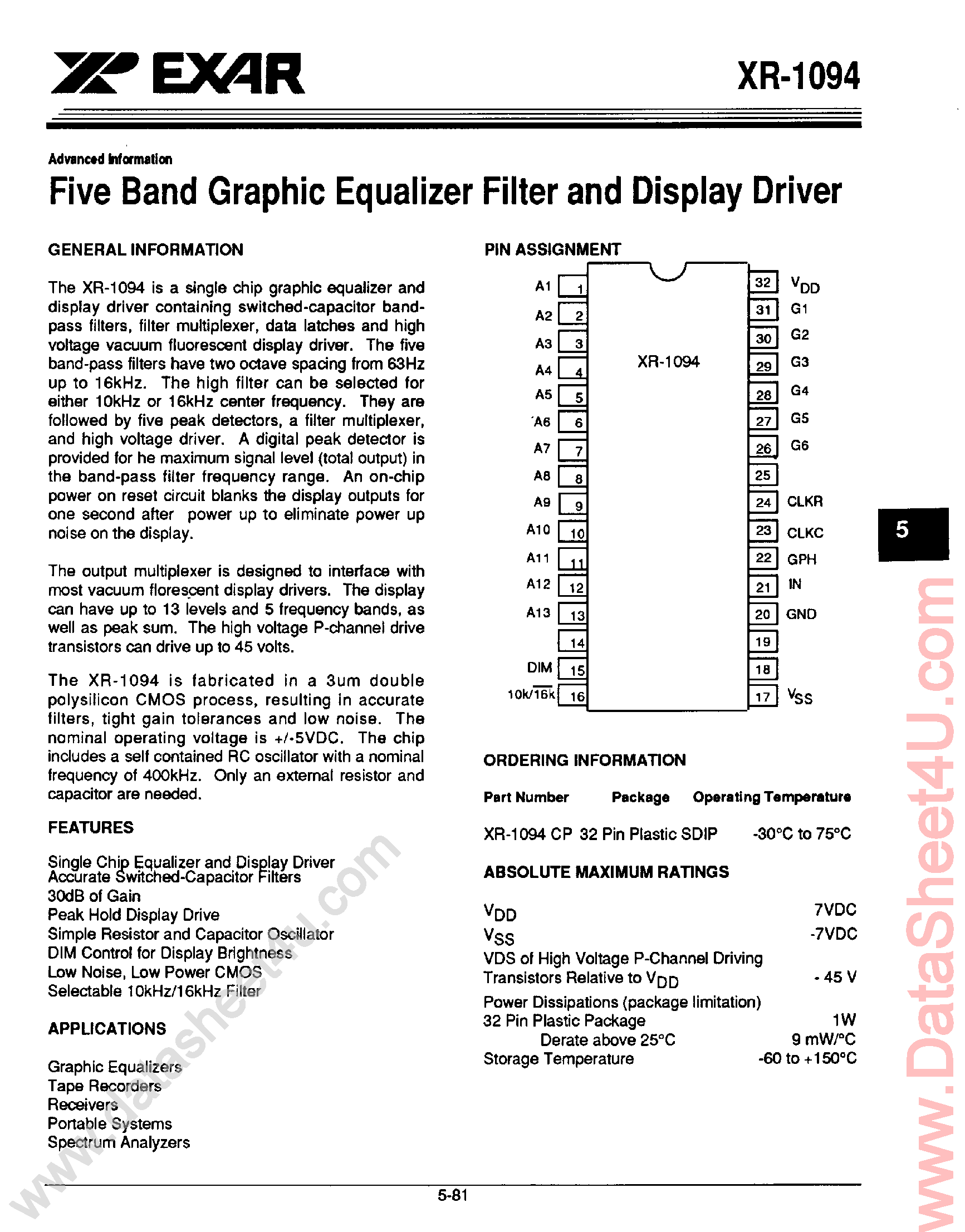 Datasheet XR-1094 - 5 Band Graphic Equalizer Filter and Display Driver page 1