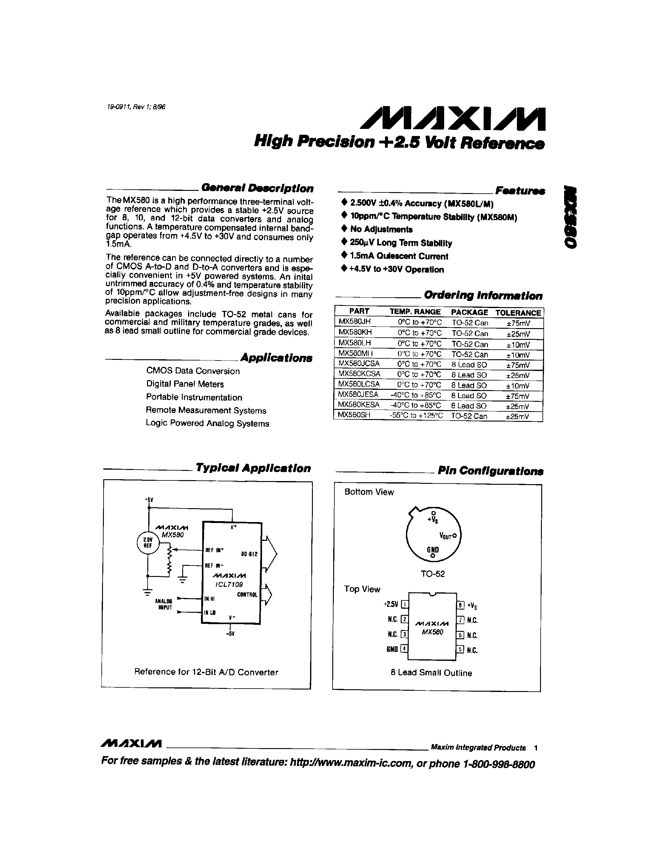 Даташит MX580 - High Precision + 2.5 Volt Reference страница 1