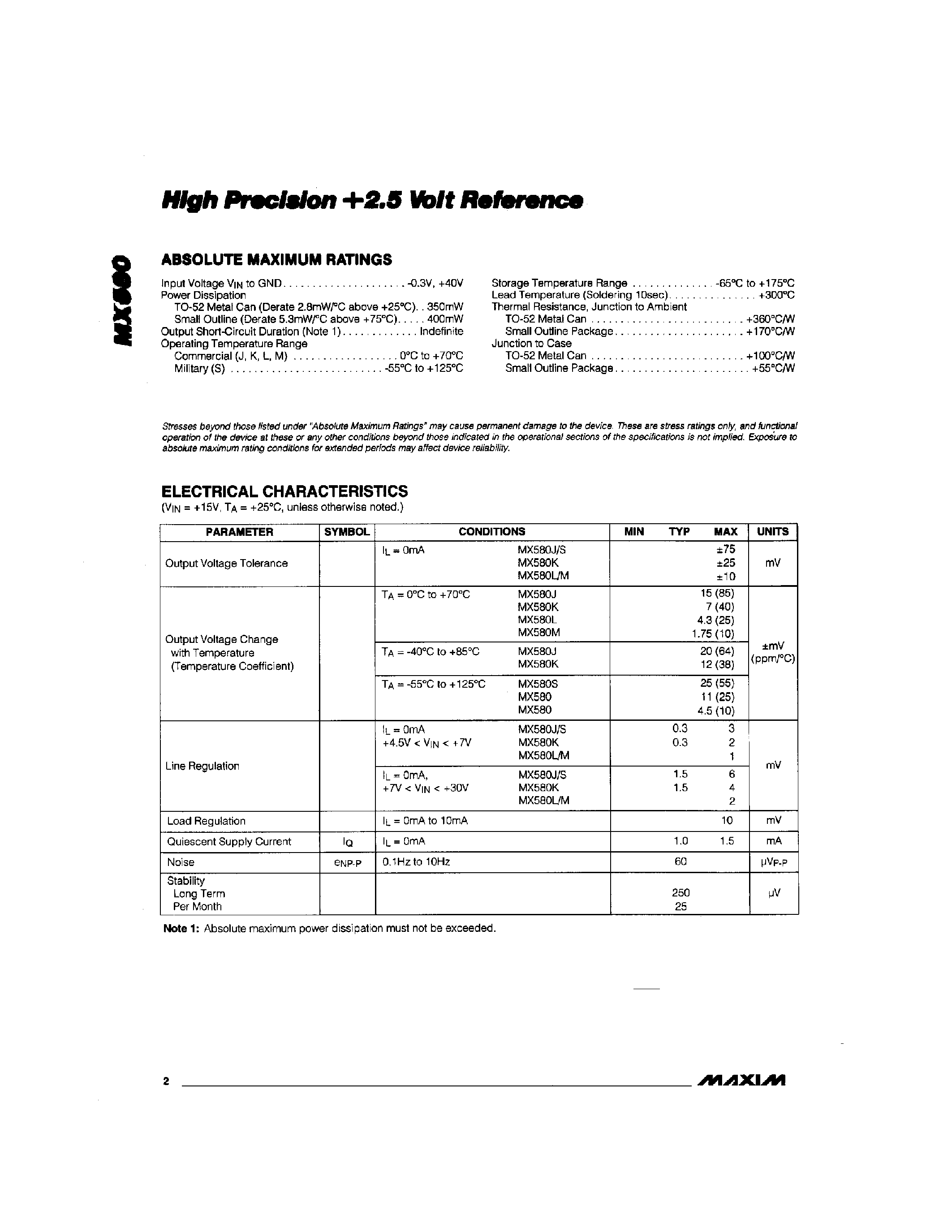 Даташит MX580 - High Precision + 2.5 Volt Reference страница 2