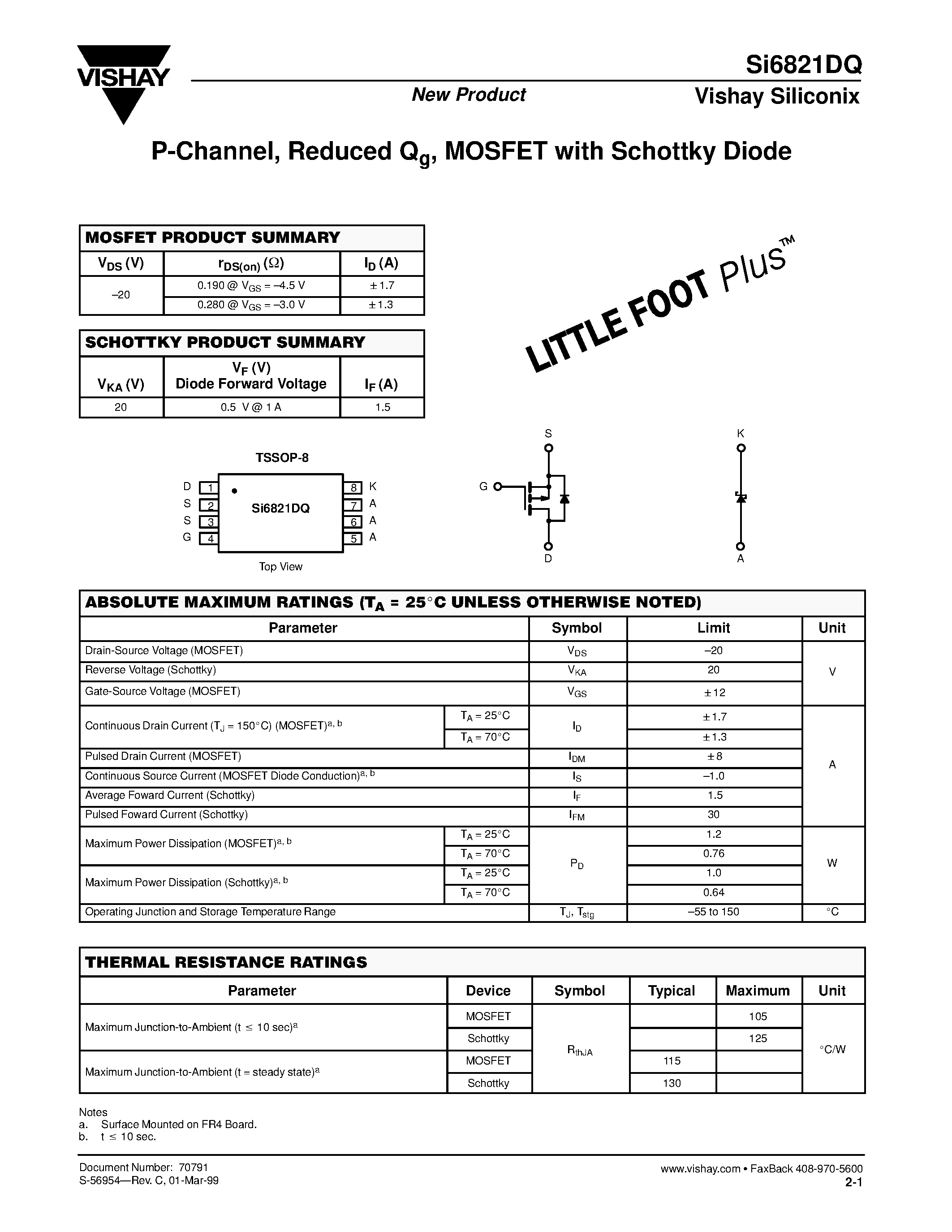 Даташит SI6821DQ - P-Channel Reduced Qg / MOSFET with Schottky Diode страница 1