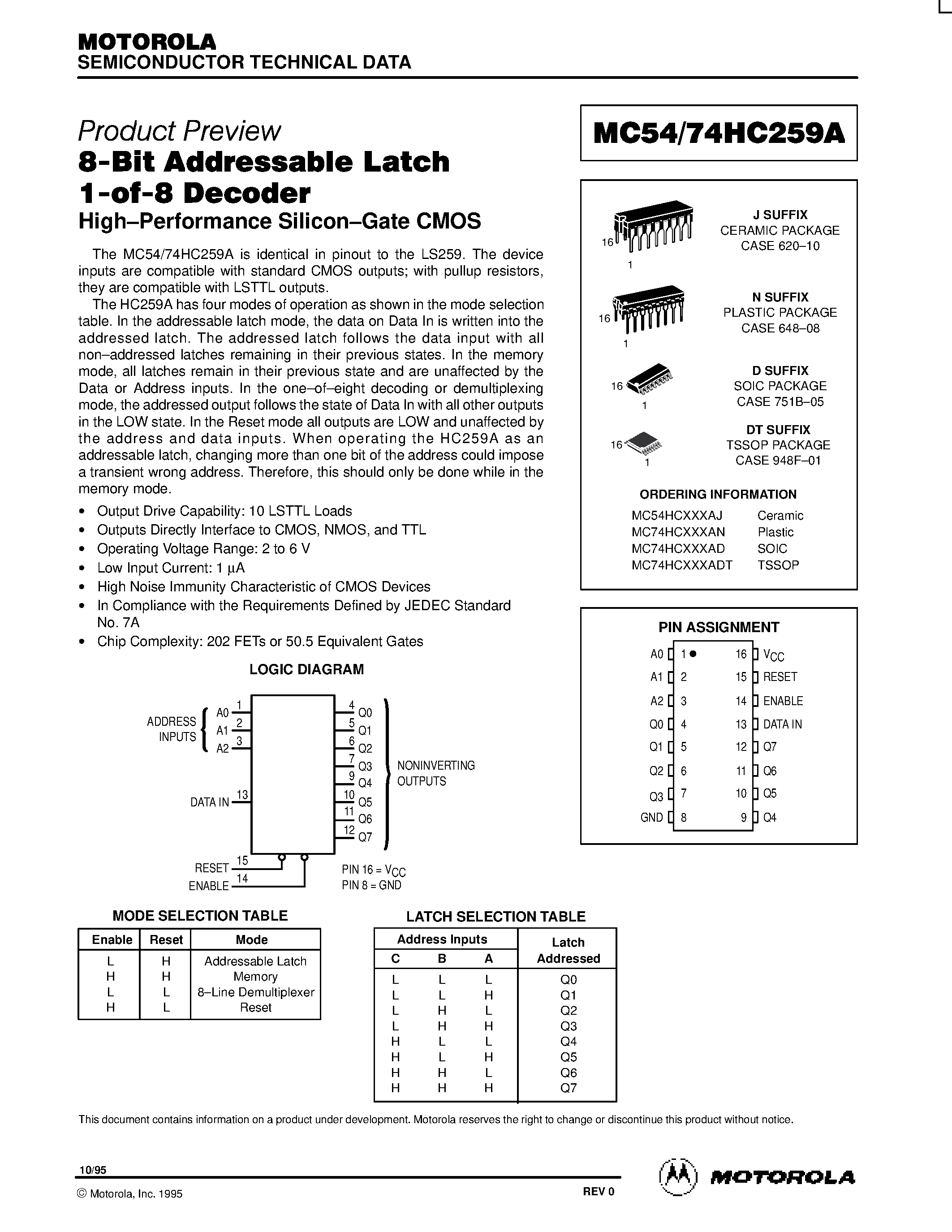 Даташит MC74HC259A - 8-Bit Addressable Latch 1-of-8 Decoder страница 1