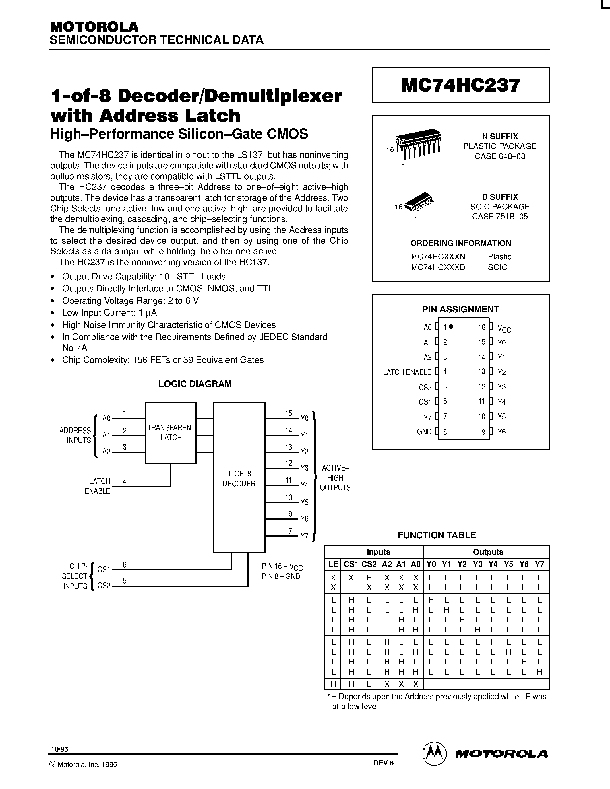 Даташит MC74HC237 - 1-of-8 Decoder/Demultiplexer with Address Latch страница 1