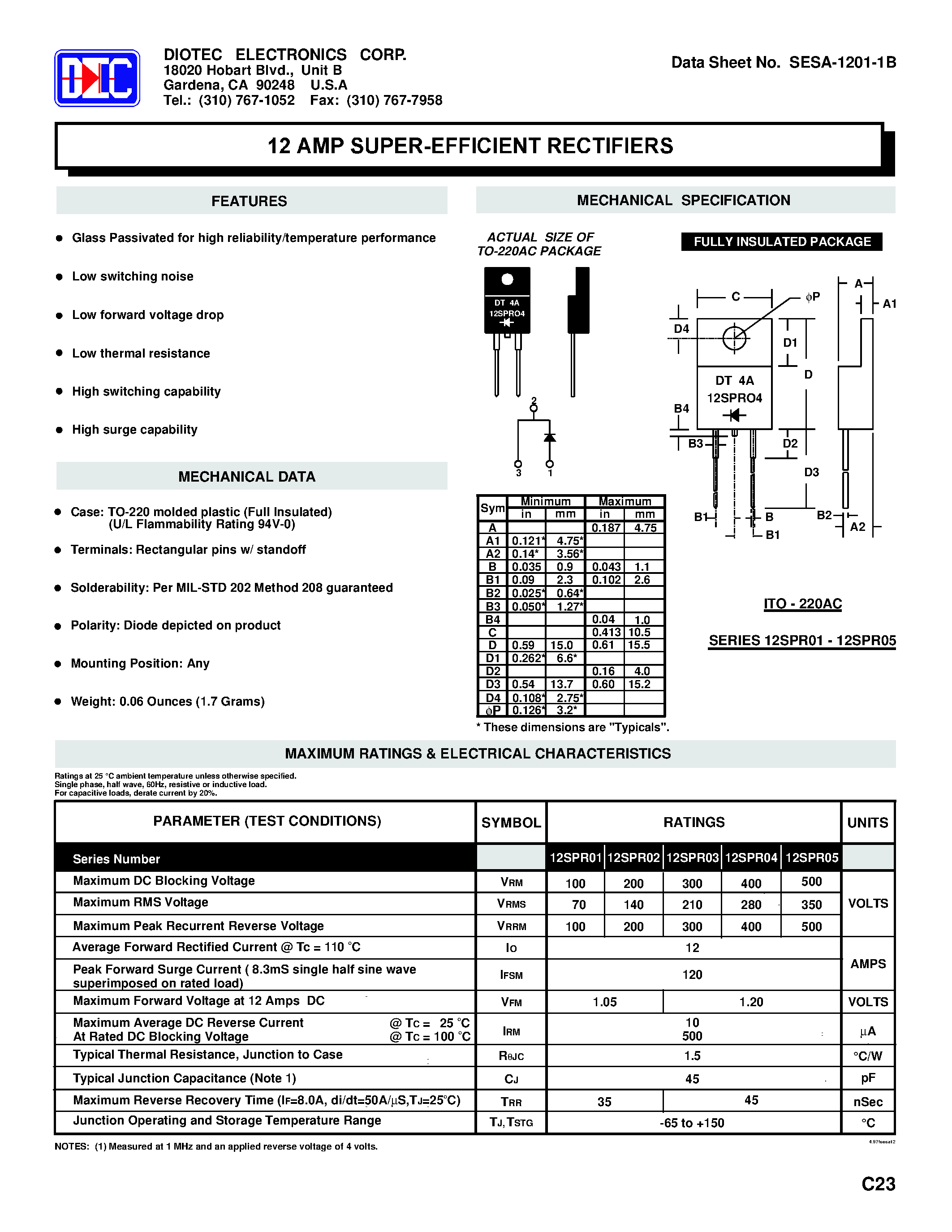 Datasheet VHE1403 - 12 AMP SUPER EFFICIENT RECTIFIERS page 1