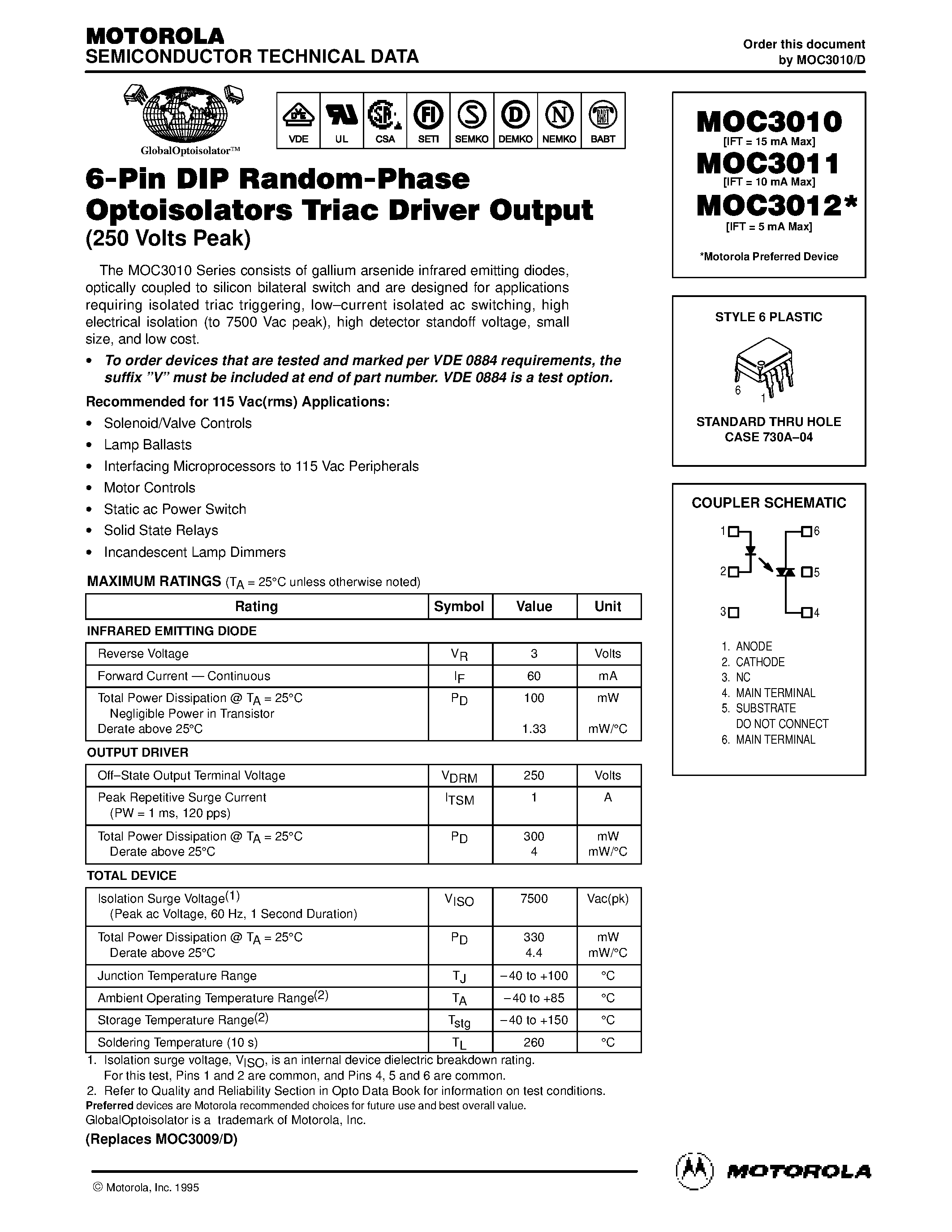 Даташит MOC3010 - (MOC3010 - MOC3012) 6-Pin DIP Random-Phase Optoisolators Triac Driver Output страница 1