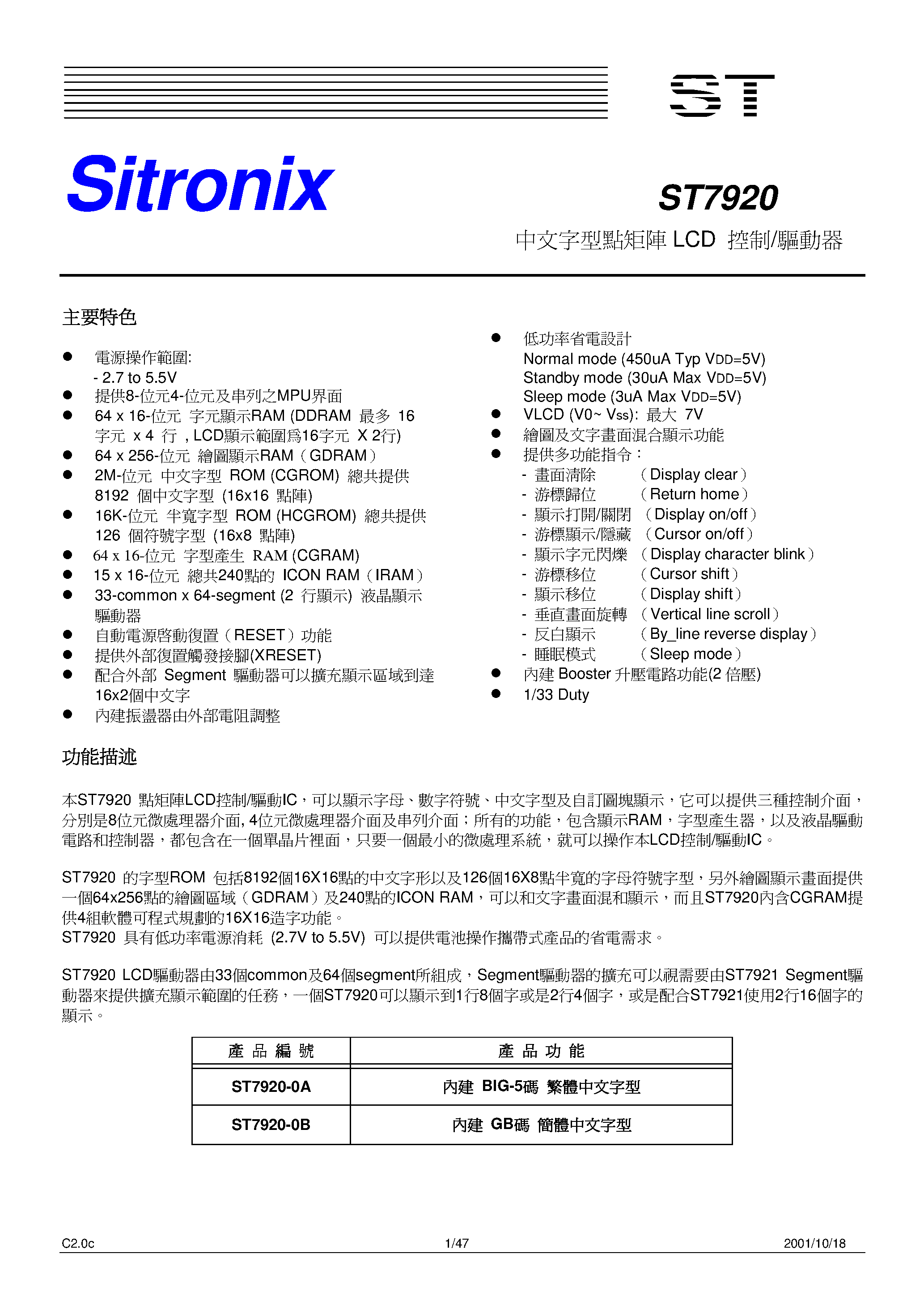 Datasheet ST7920 - ST7920 / LCD page 1