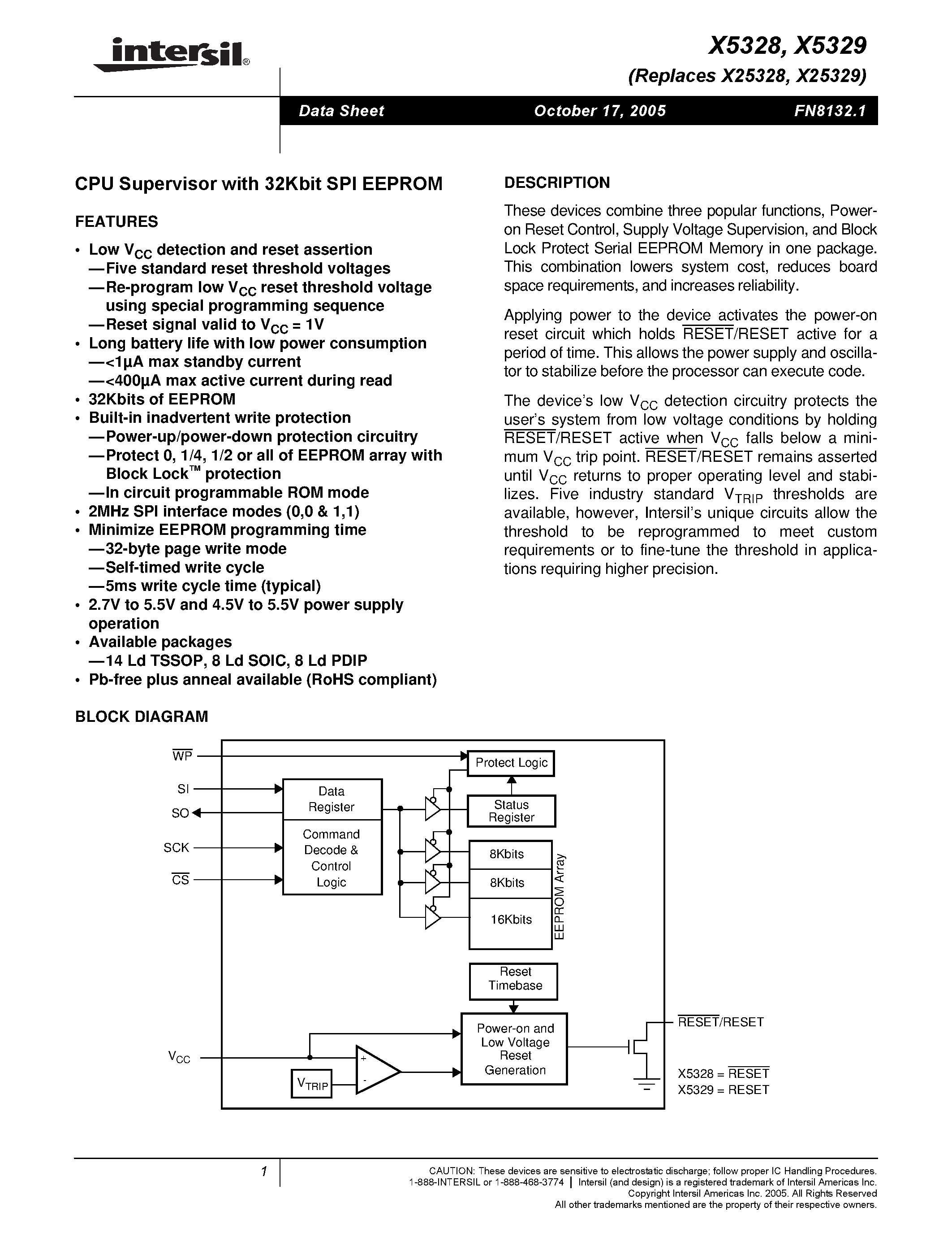 Даташит X5328 - (X5328 / X5329) CPU Supervisor with 32Kbit SPI EEPROM страница 1