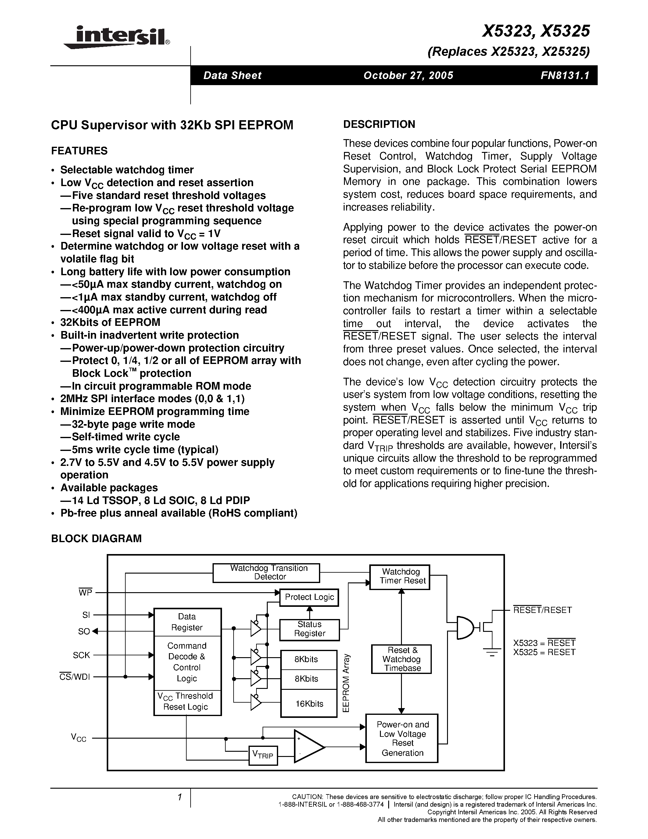 Даташит X5323 - (X5323 / X5325) CPU Supervisor with 32Kb SPI EEPROM страница 1