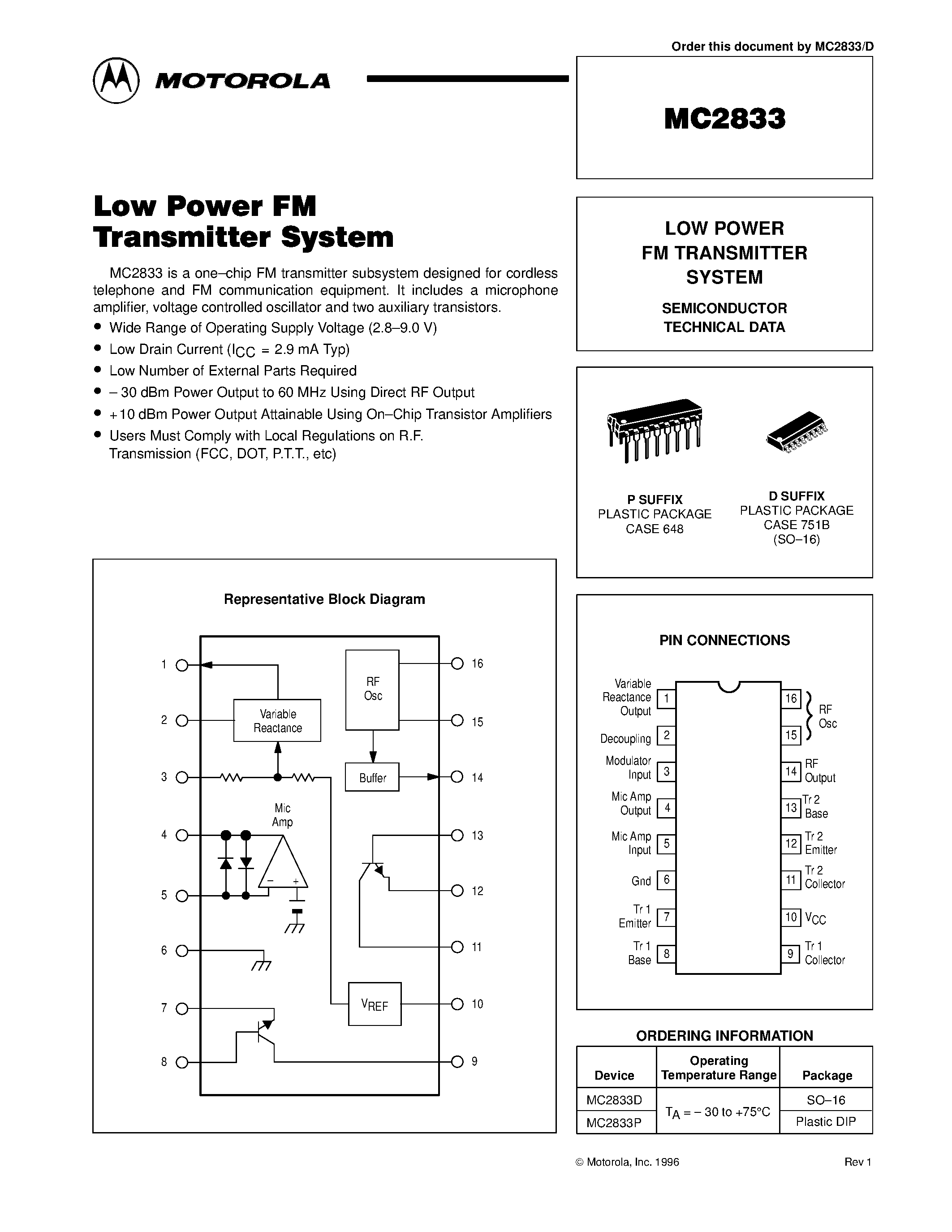 Даташит MC2833 - Low Power FM Transmitter System страница 1