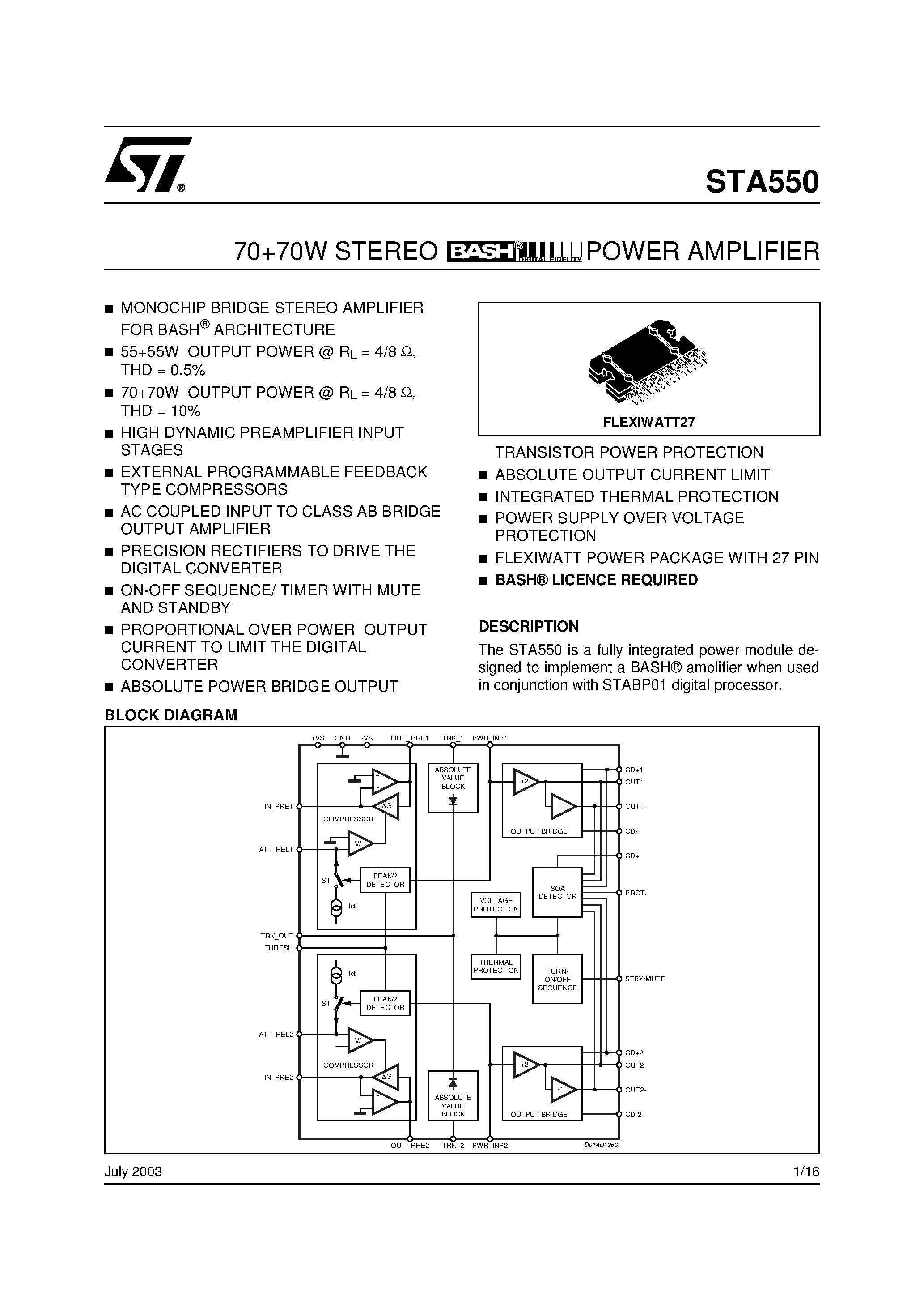 Даташит STA550 - 70 + 70W STEREO BASH POWER AMPLIFIER страница 1