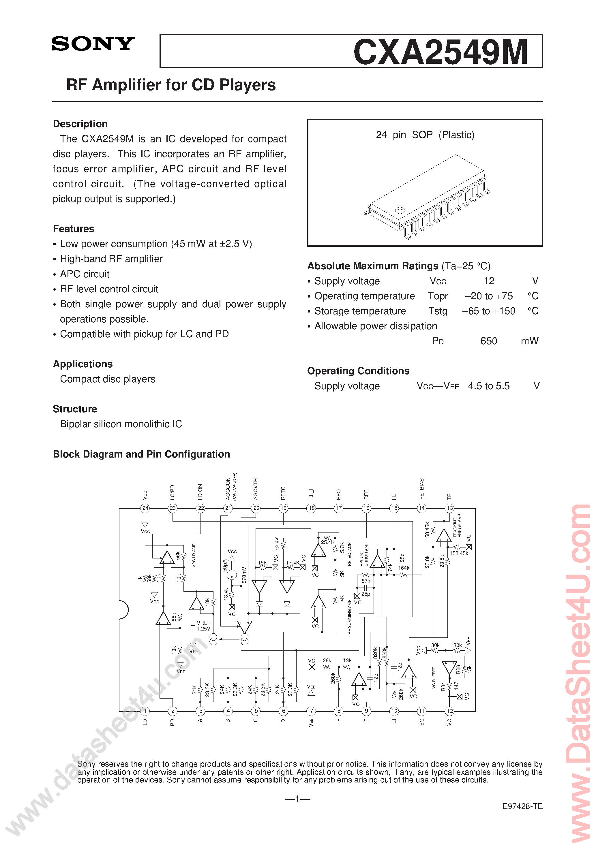 Datasheet CXA2549M - RF Amplifier for CD Players page 1