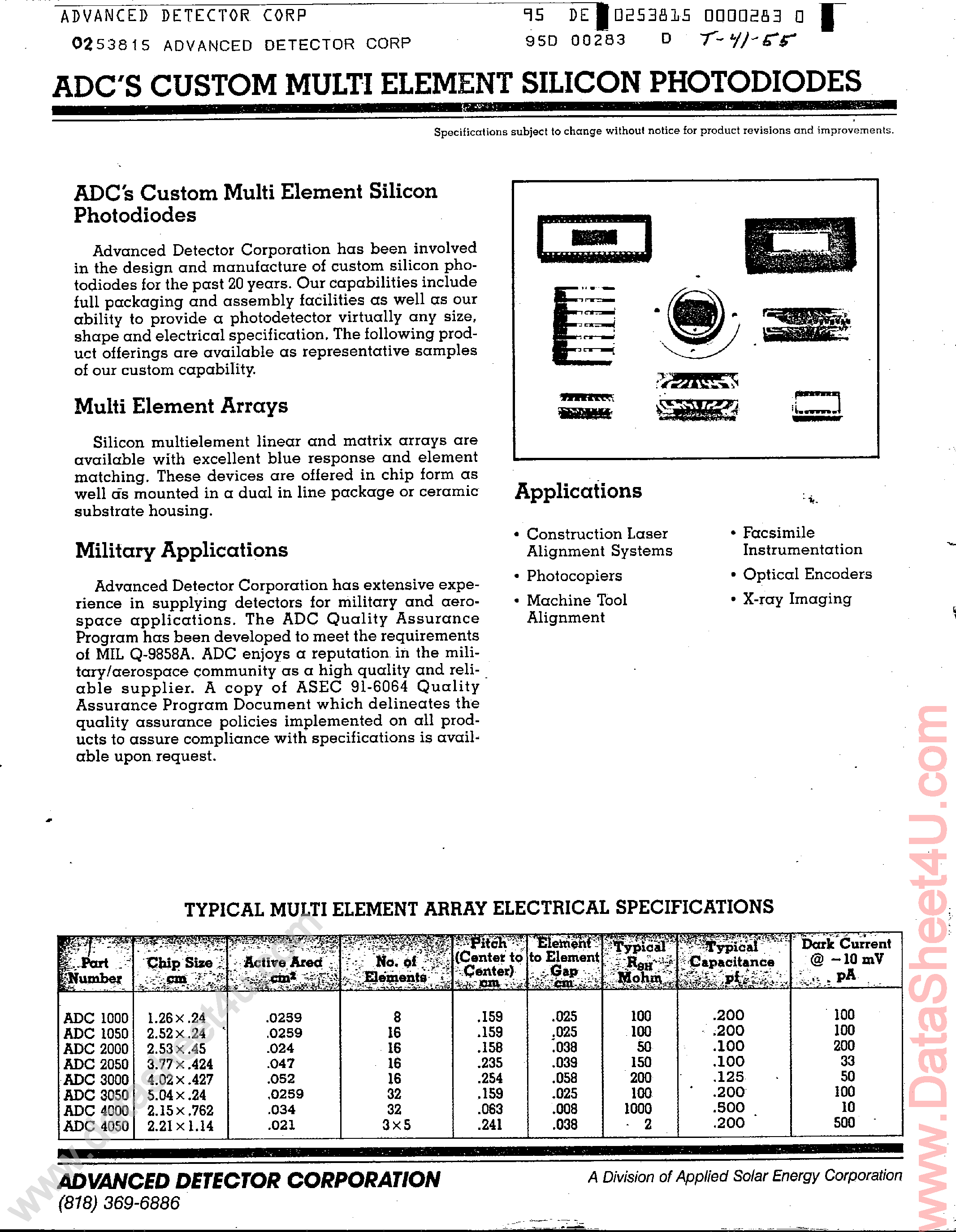 Даташит ADC1000 - (ADC1000 - ADC4050) Custom Multi Element Silicon Photodiodes страница 1