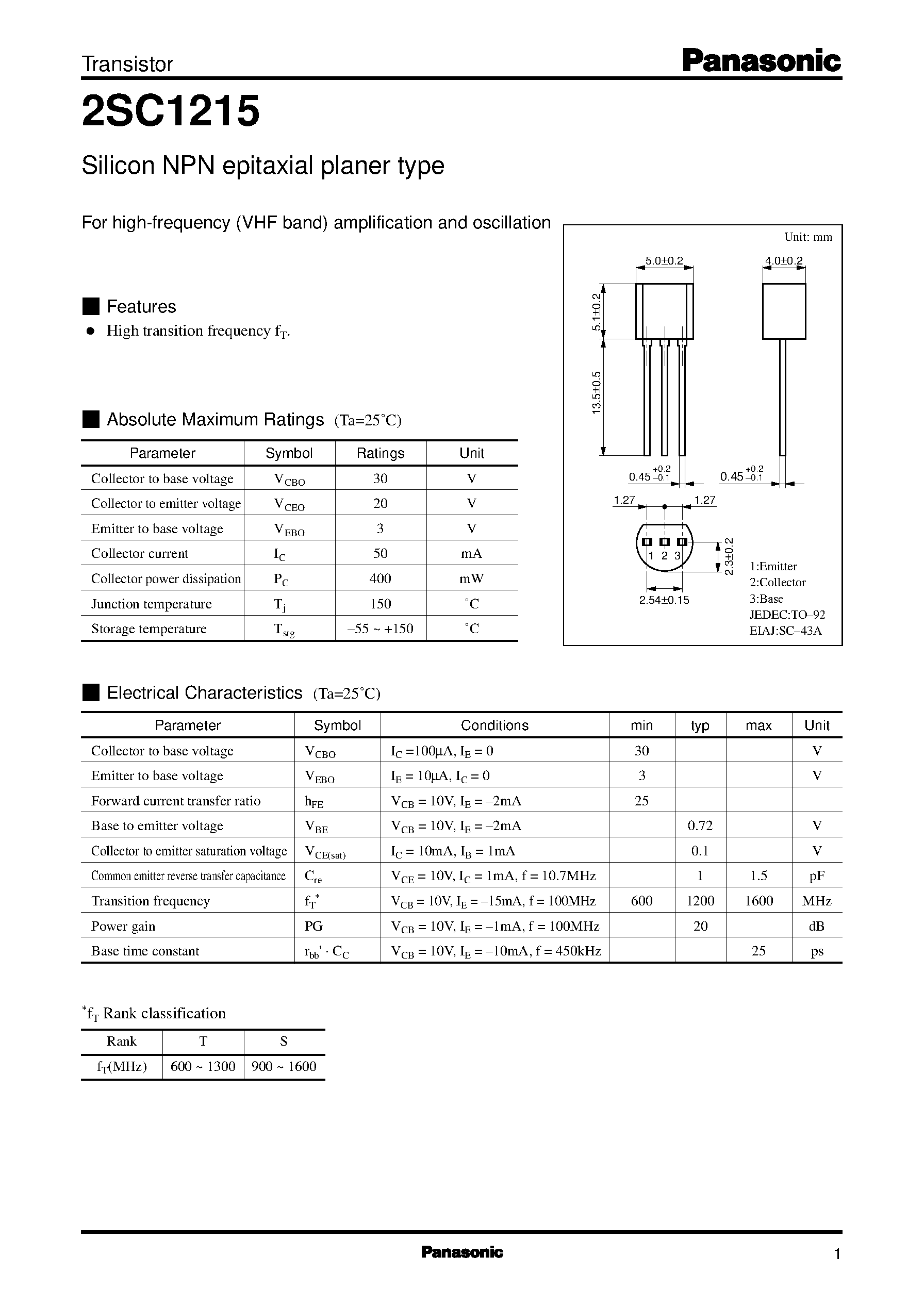 Datasheet 2SC1215 - Silicon NPN epitaxial planer type page 1