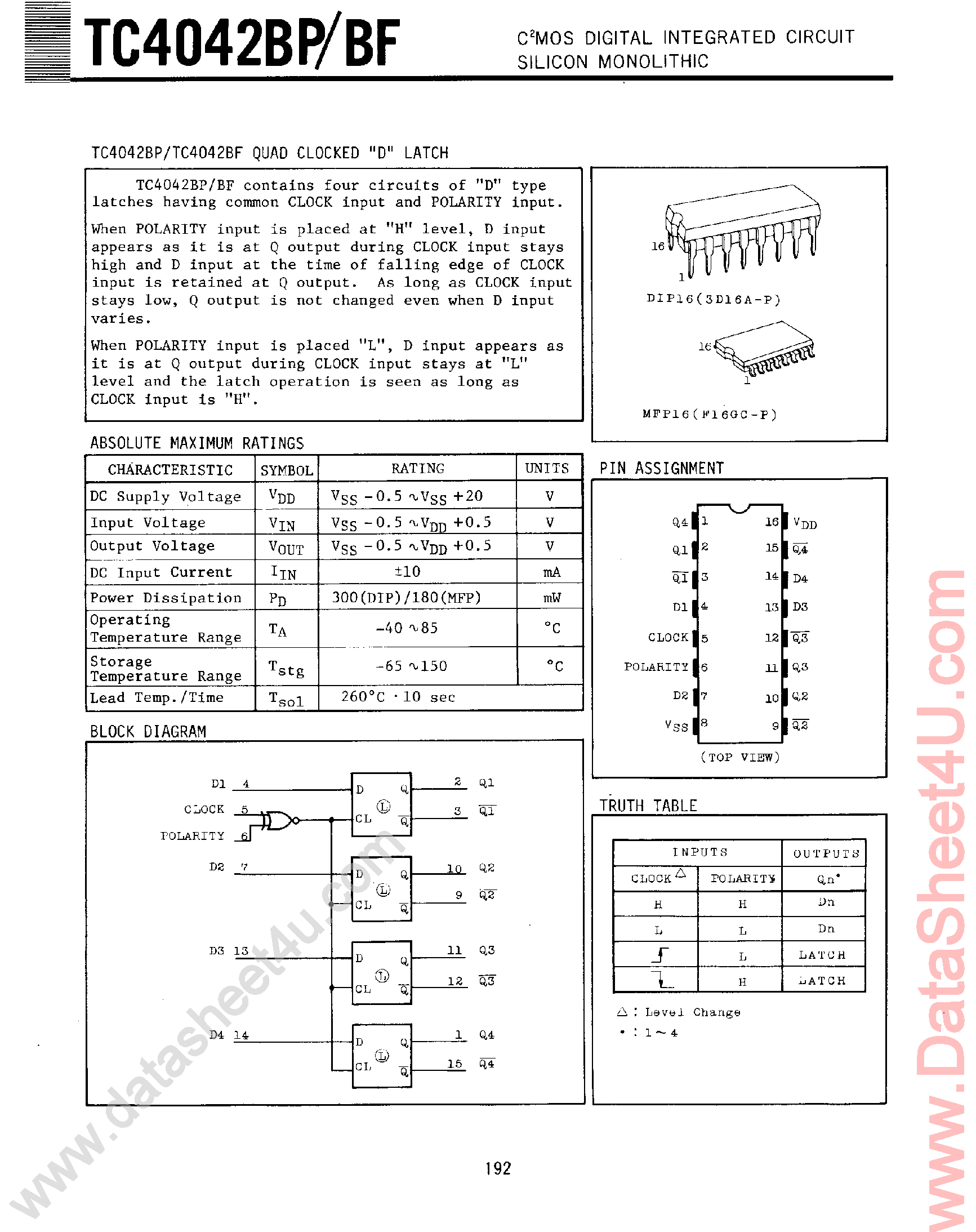 Даташит TC4042 - Quad Clocked D Latch страница 1