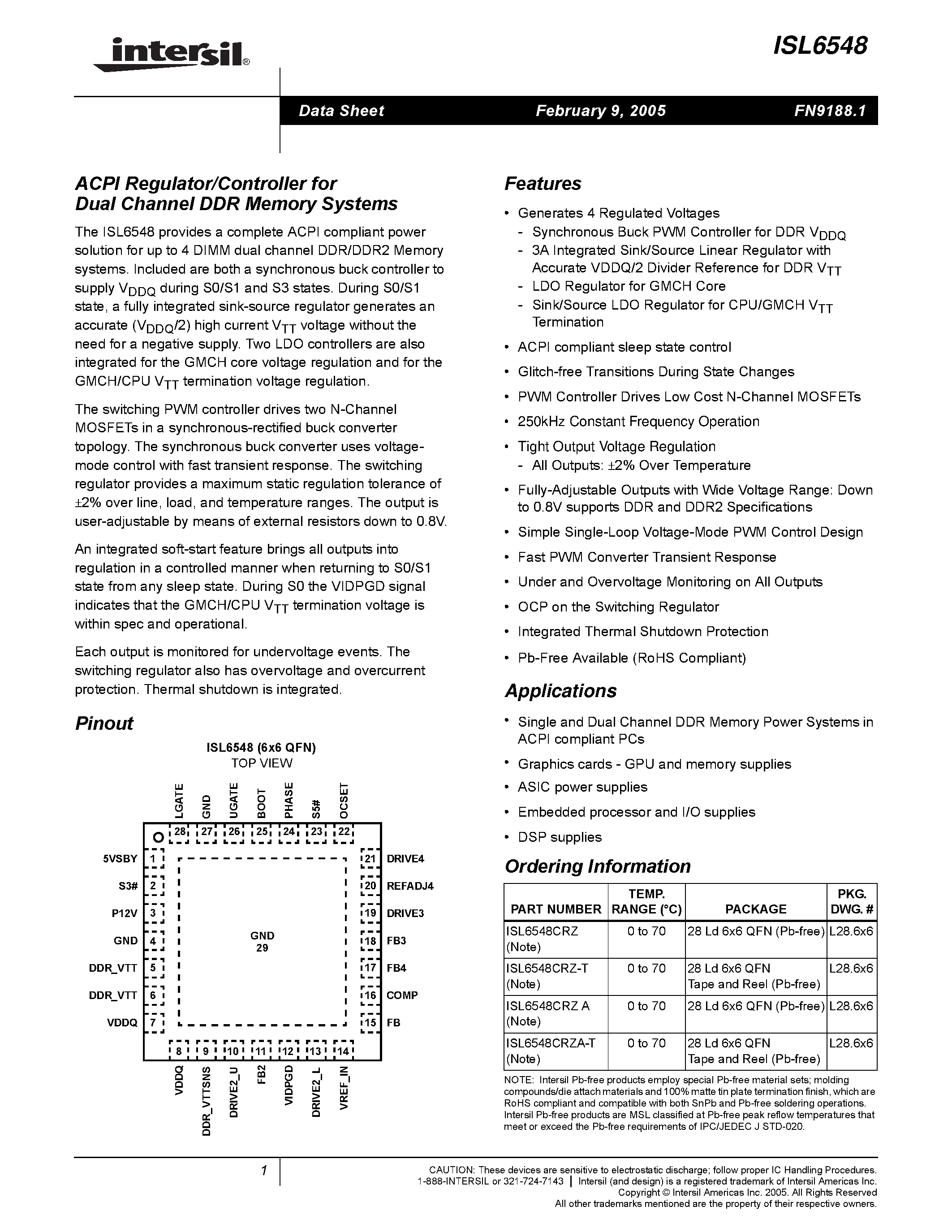 Datasheet ISL6548 - ACPI Regulator/Controller for Dual Channel DDR Memory Systems page 1