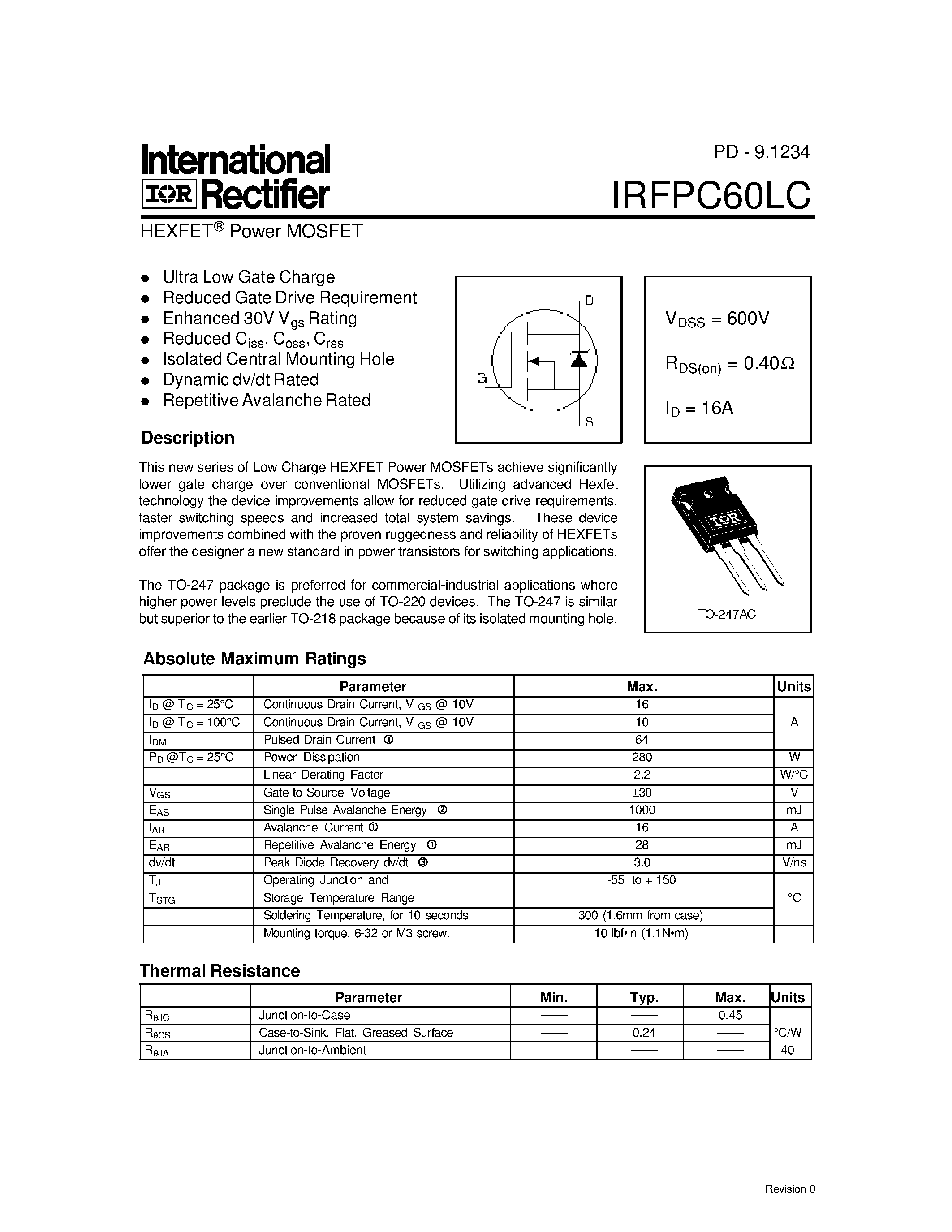 Datasheet IRFPC60LC - Power MOSFET page 1