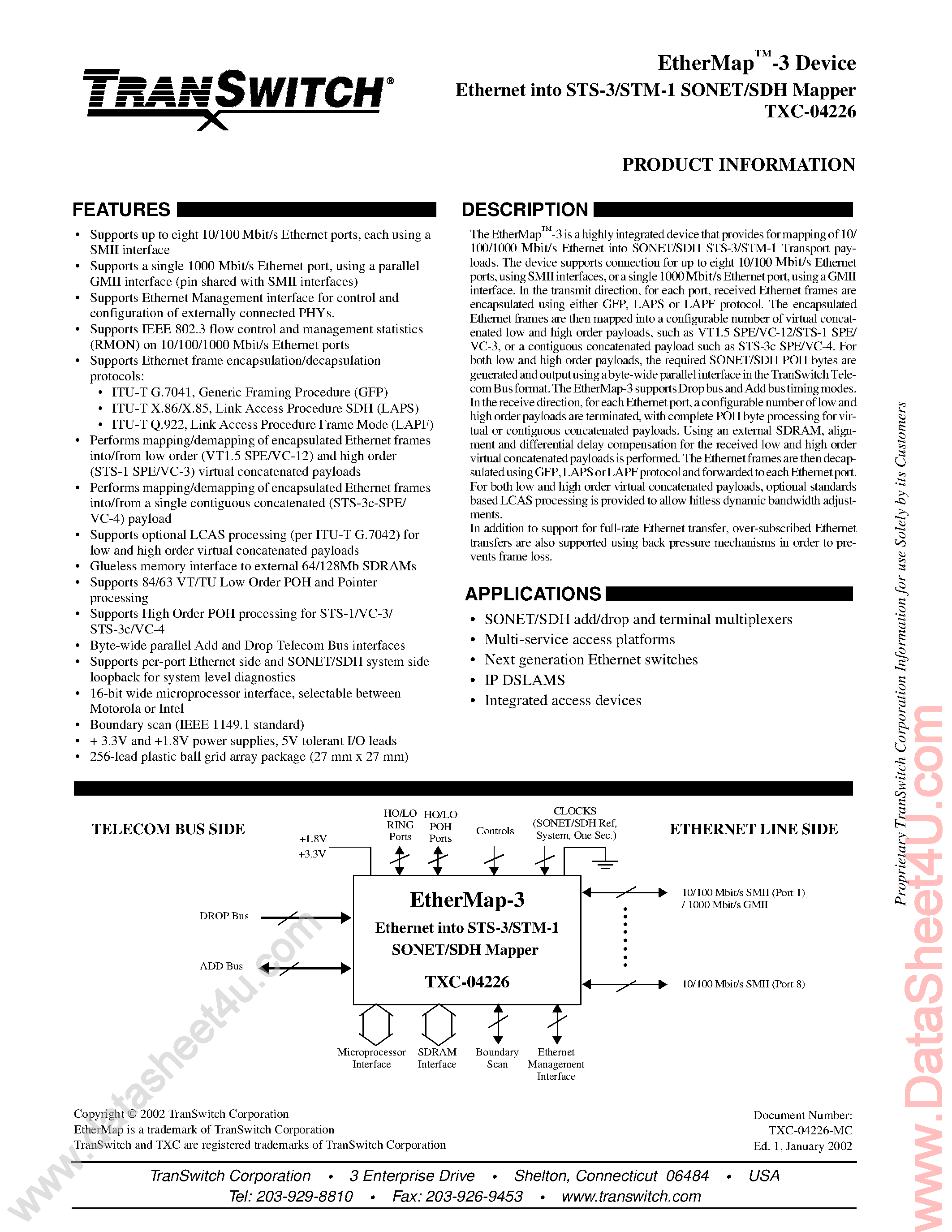 Даташит TXC-04226 - Ethernet Into STS-3/STM-1 SONET/SDH Mapper страница 1