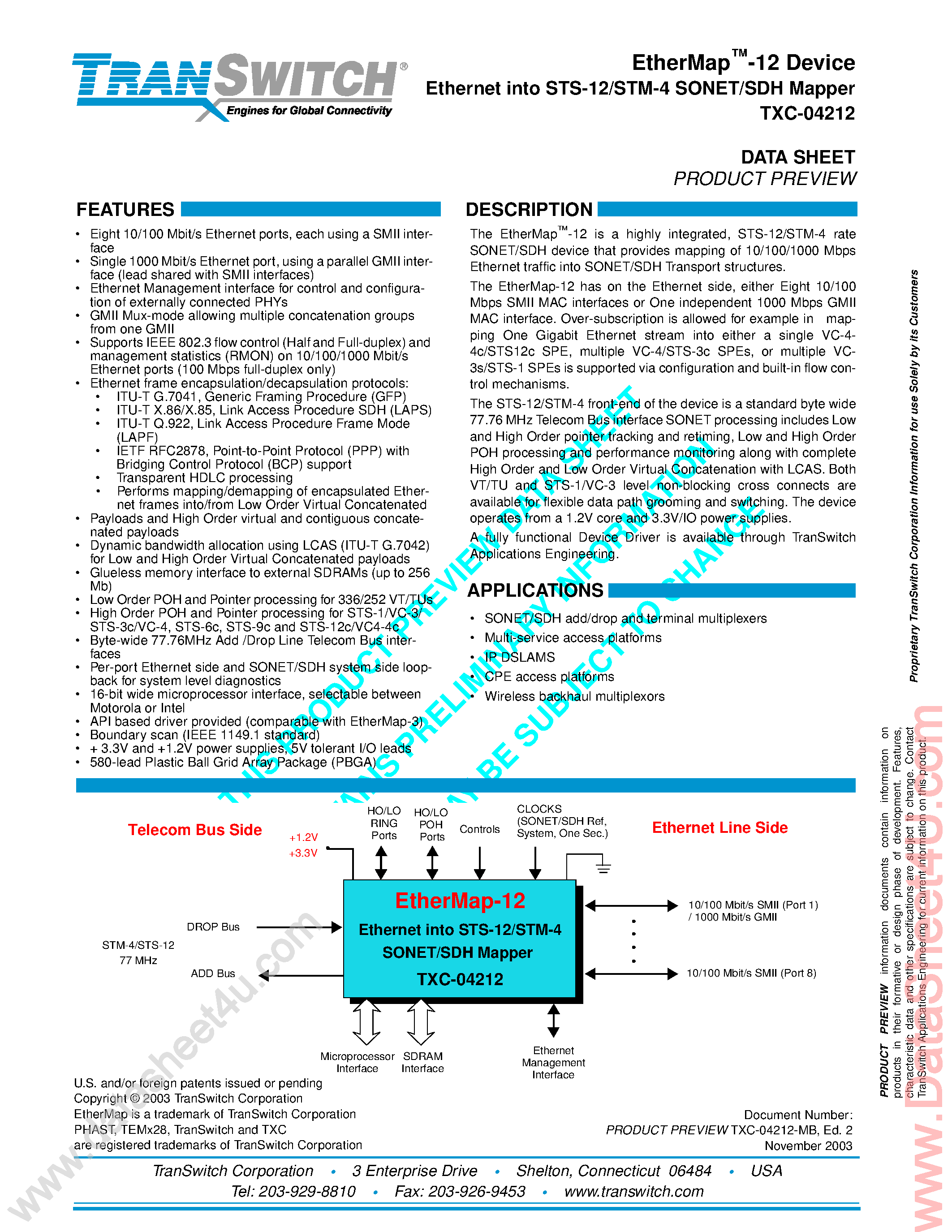 Datasheet TXC-04212 - Ethemet Into STS-12/STM-4 SONET/SDH Mapper page 1