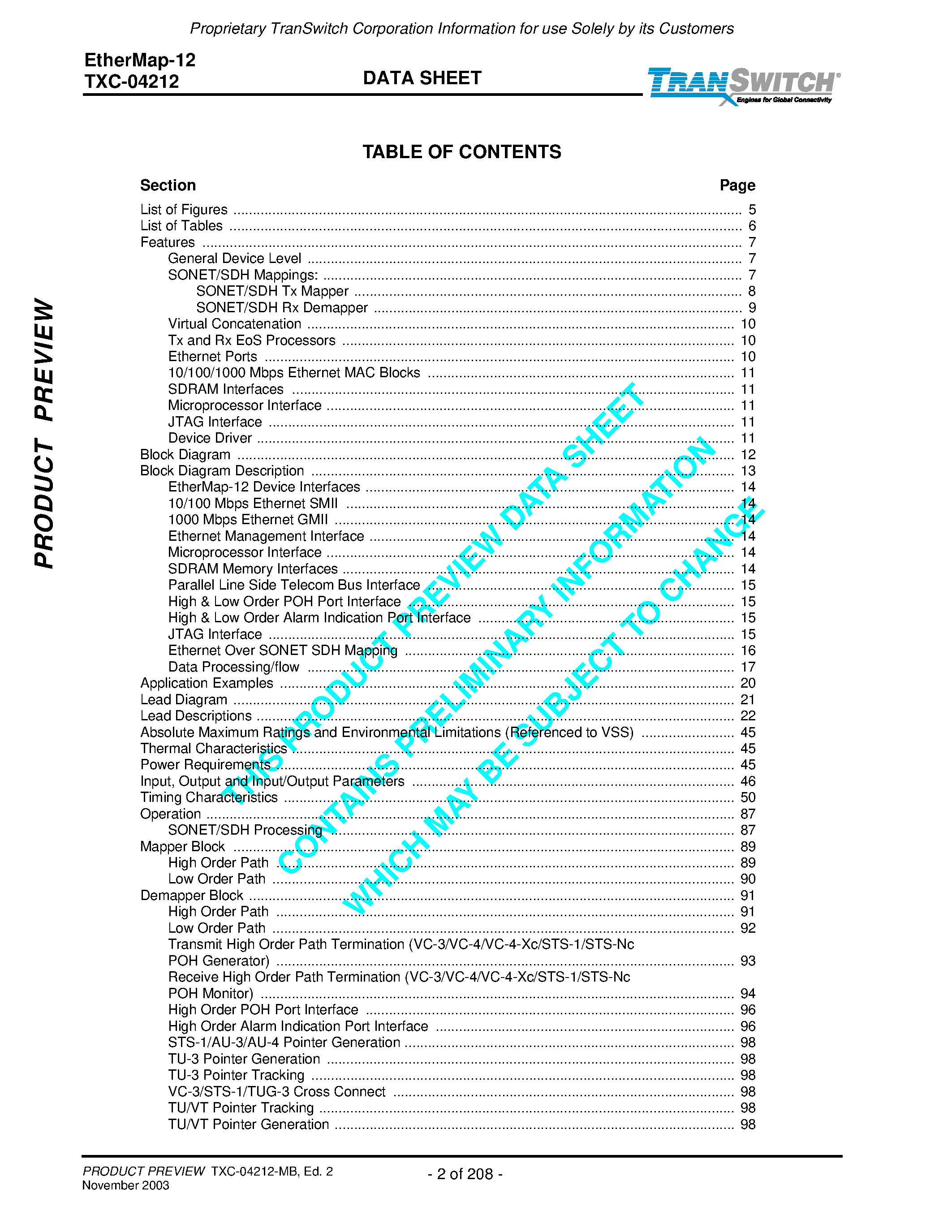 Datasheet TXC-04212 - Ethemet Into STS-12/STM-4 SONET/SDH Mapper page 2