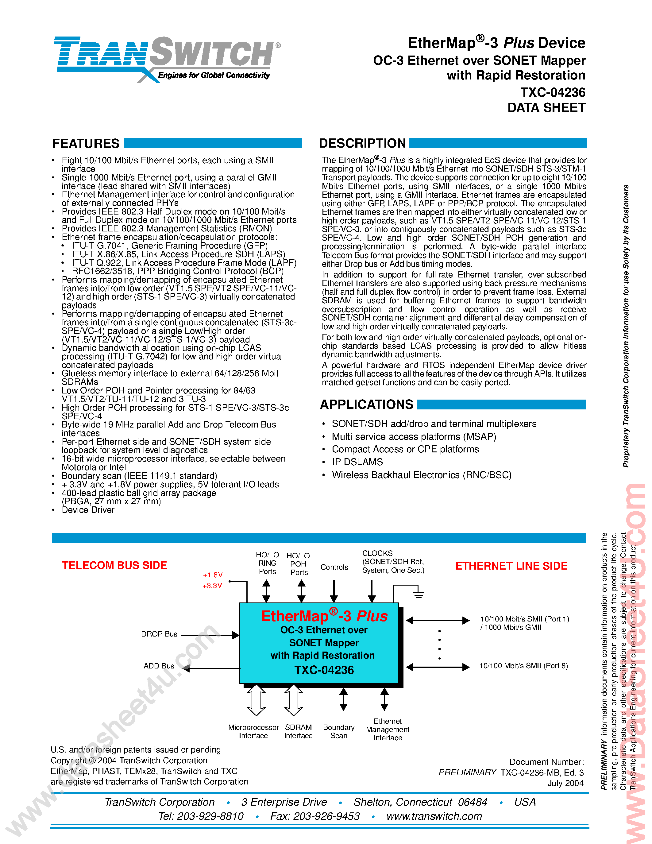 Даташит TXC04236 - OC-3 Ethemet Over SONET Mapper страница 1