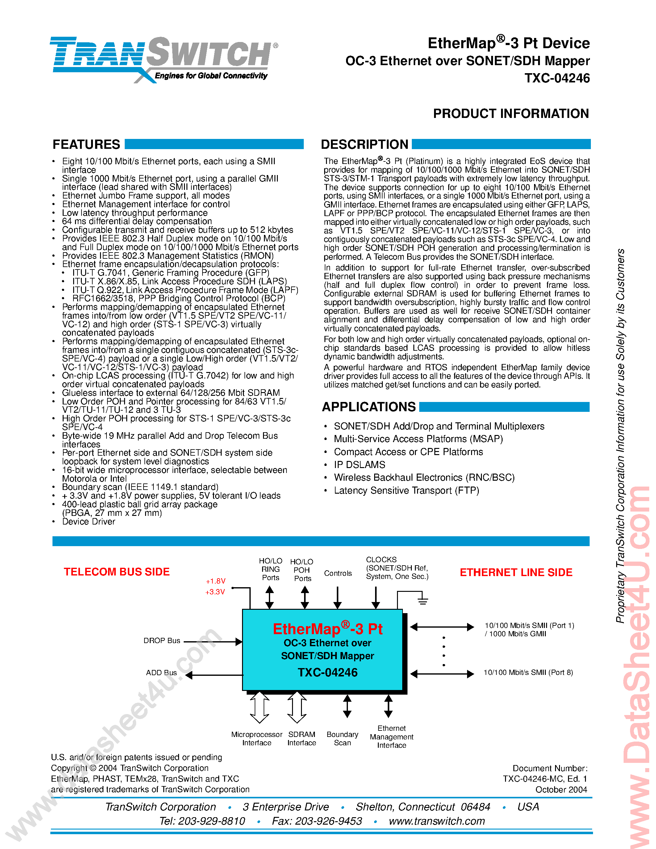 Даташит TXC-04246 - OC-3 Ethemet Over SONET/SDH Mapper страница 1