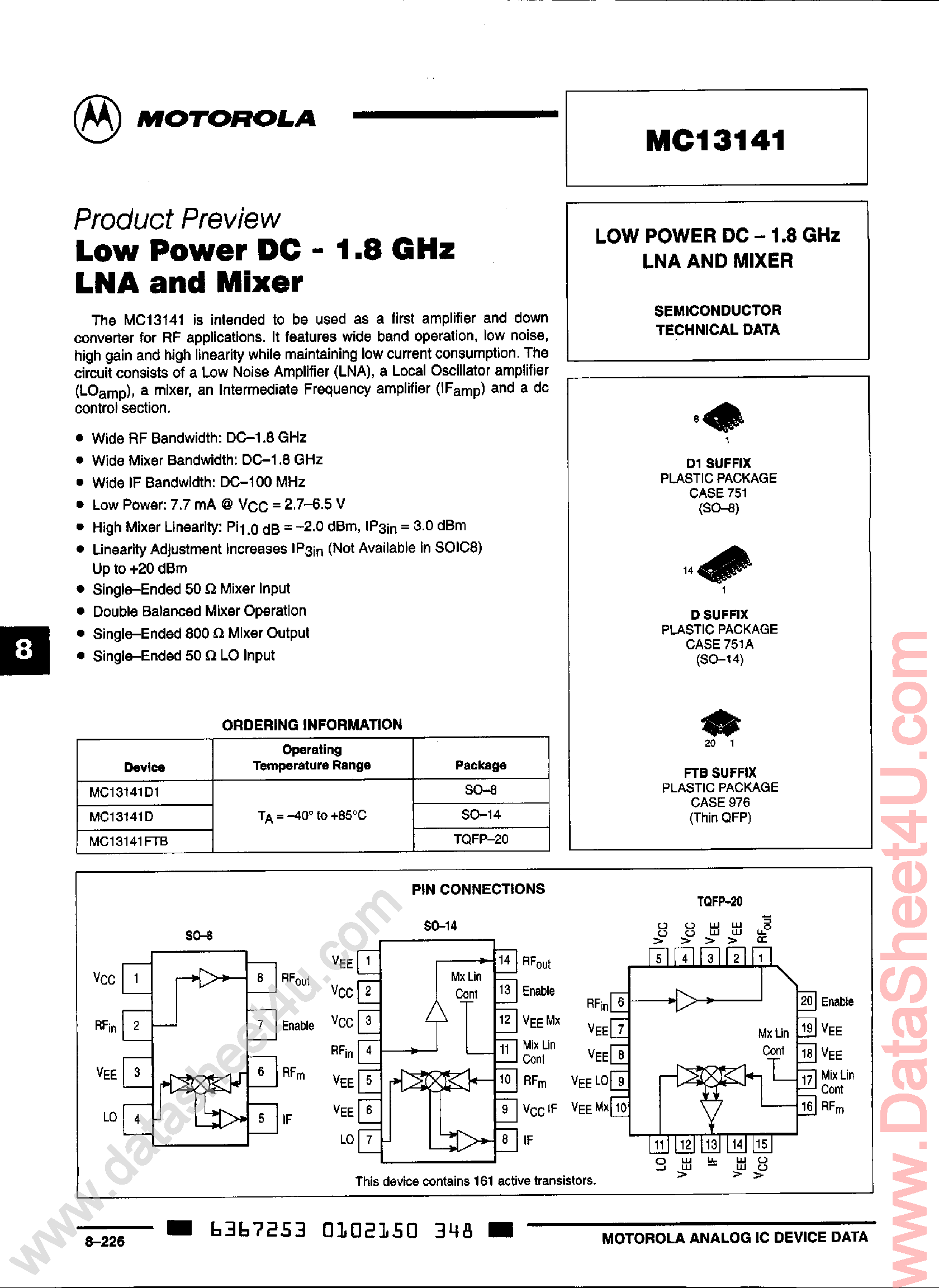 Datasheet MC13141 - Low Power DC - LNA and Mixer page 1