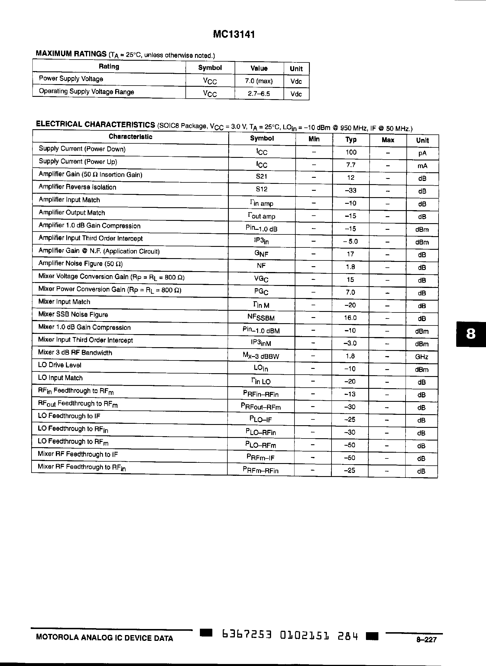 Datasheet MC13141 - Low Power DC - LNA and Mixer page 2