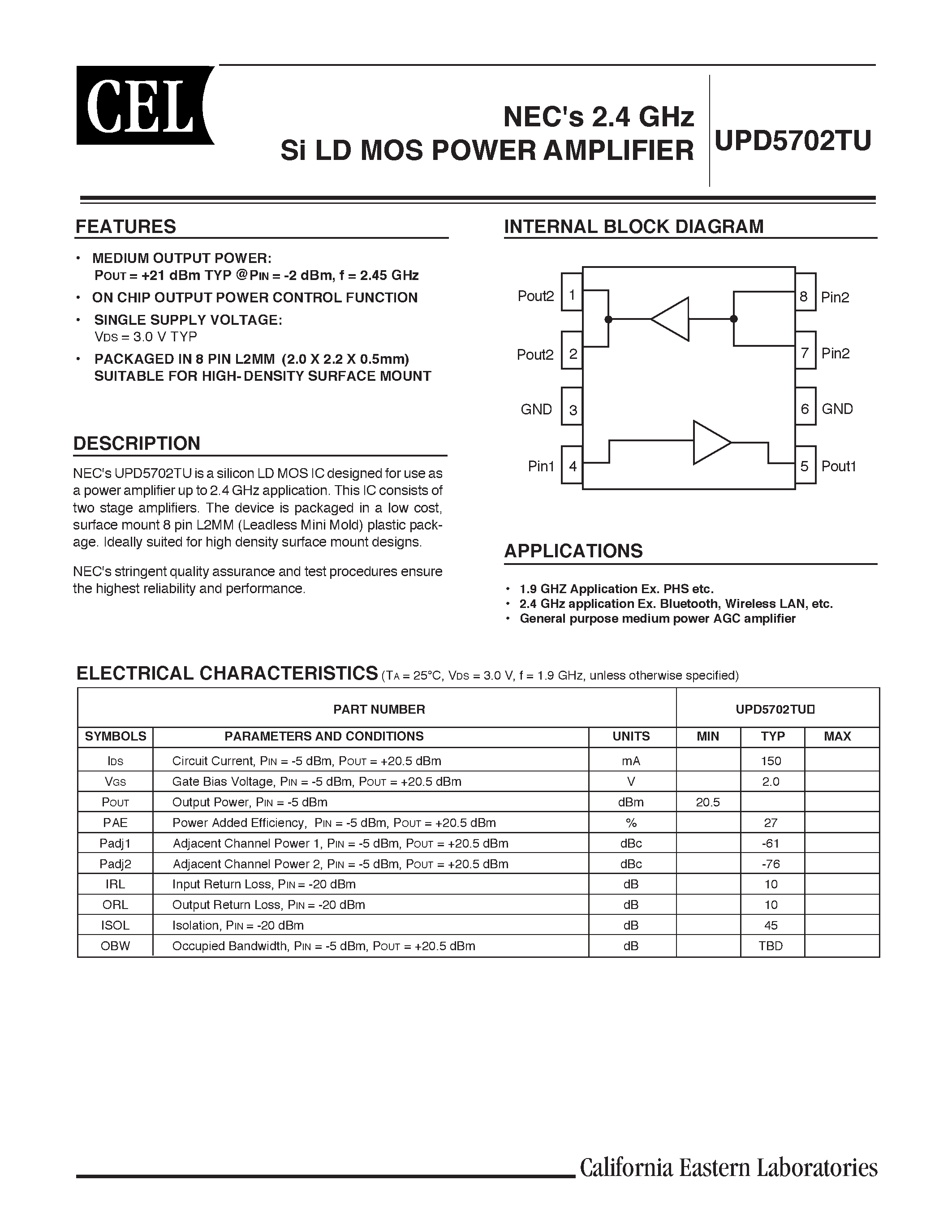 Даташит UPD5702 - NECs 2.4 GHz Si LD MOS POWER AMPLIFIER страница 1