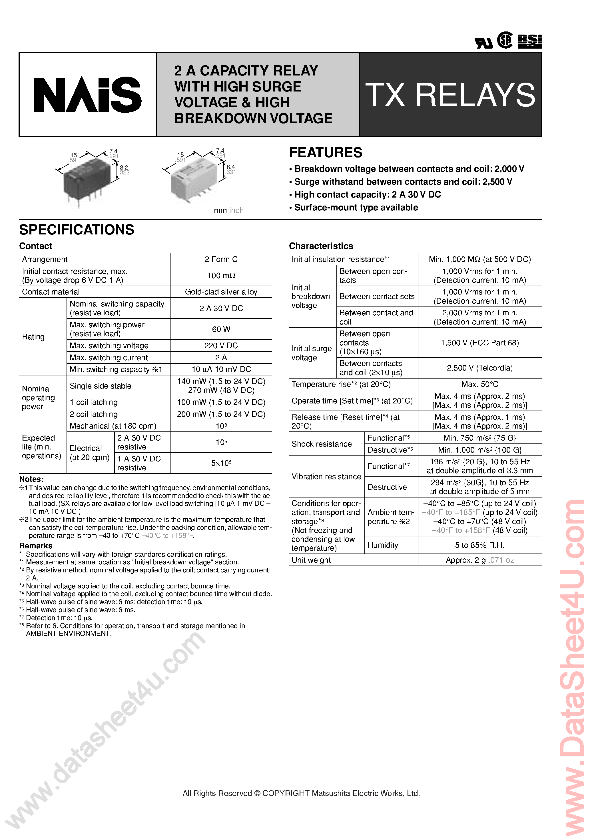 Datasheet TX2SA-L-xx - (TX Series) 2A Capacity Relay page 1