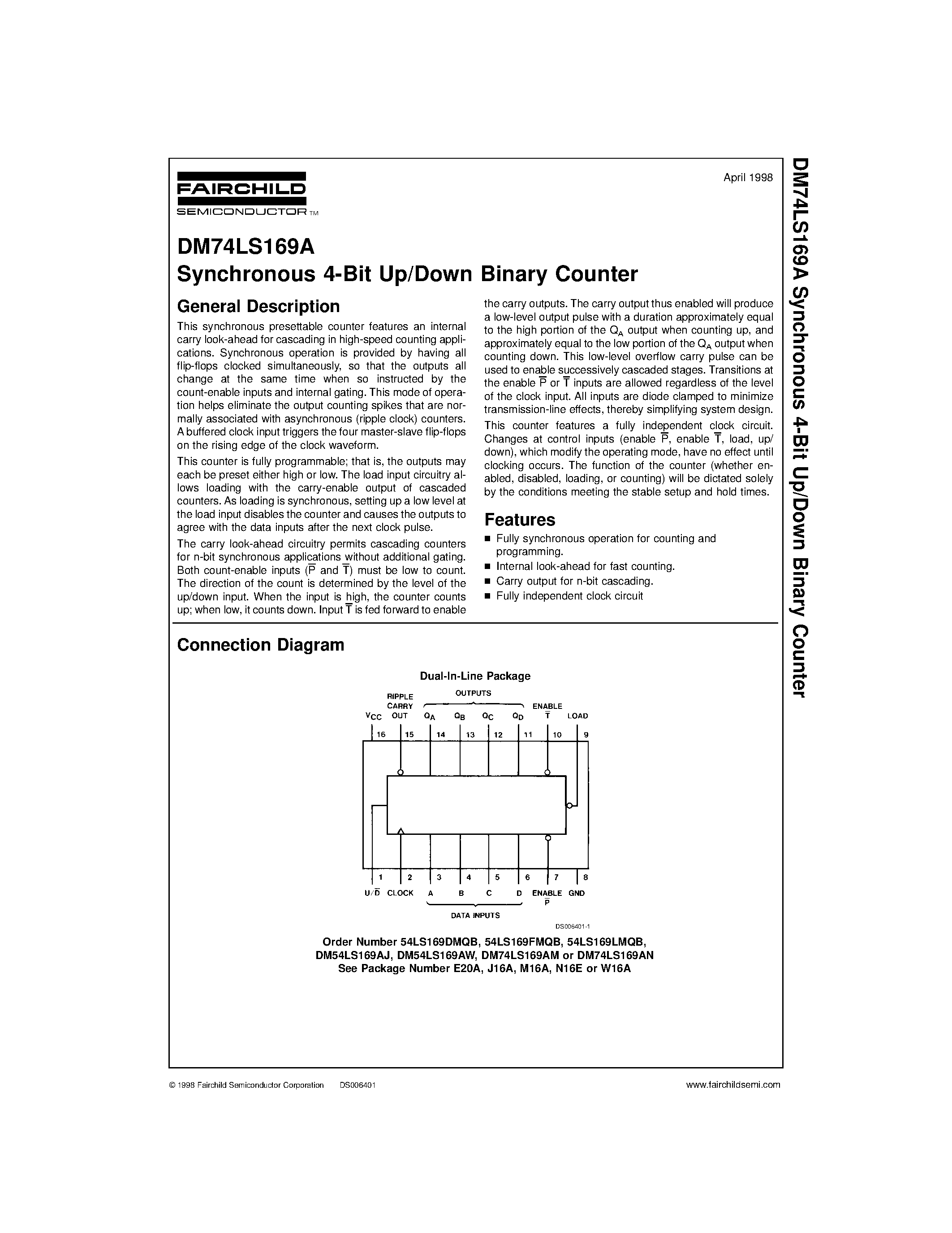 Datasheet DM74LS169A - Synchronous 4-Bit Up/Down Binary Counter page 1