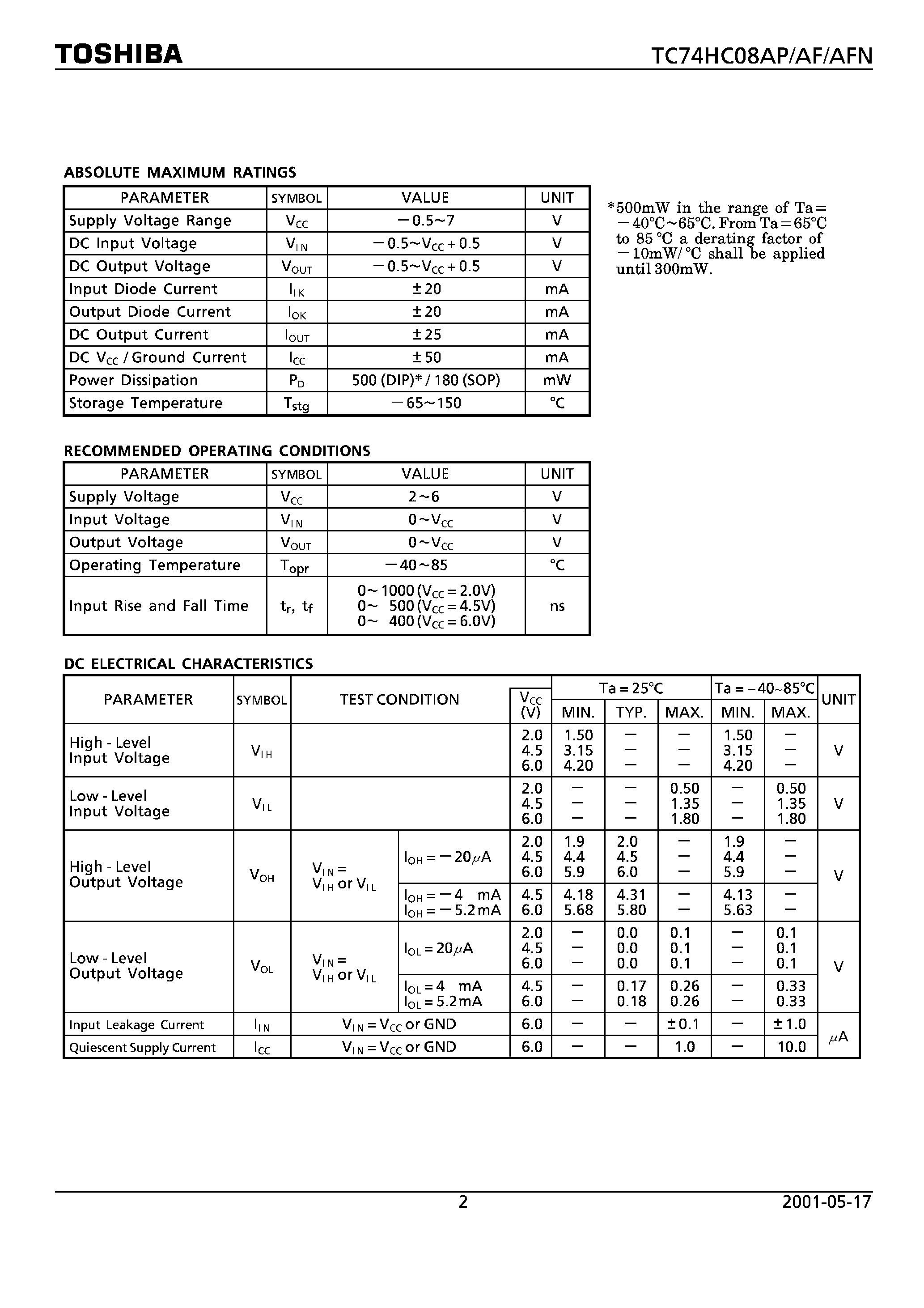 Даташит TC74HC08AF - (TC74HC08xx) QUAD 2-INPUT AND GATE страница 2