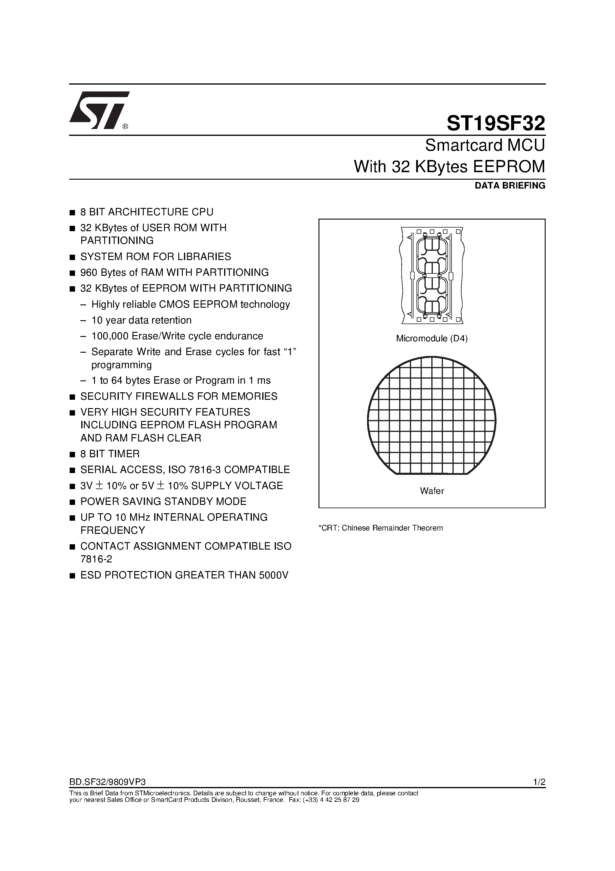 Даташит ST19SF32 - Smartcard MCU With 32 KBytes EEPROM страница 1