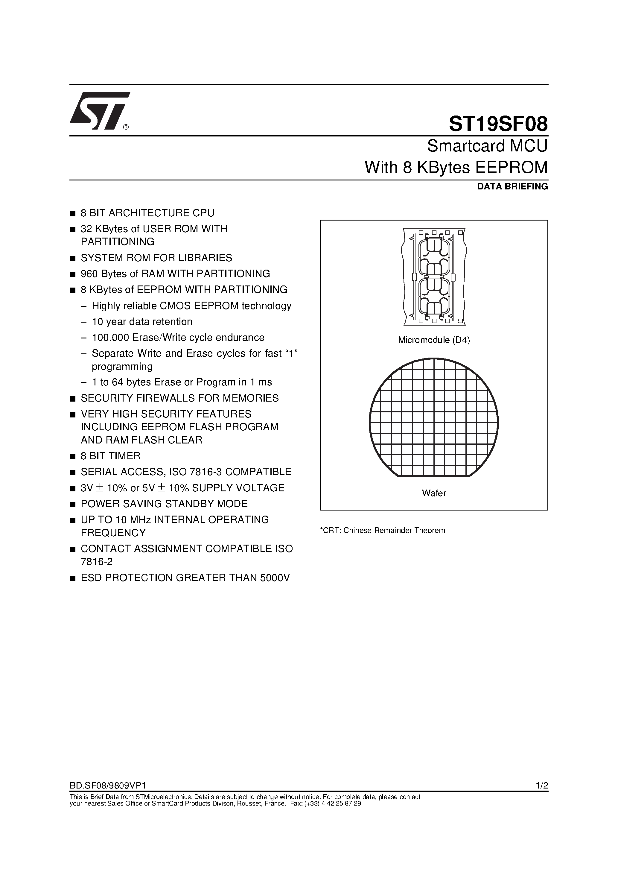 Даташит ST19SF08 - Smartcard MCU With 8 KBytes EEPROM страница 1