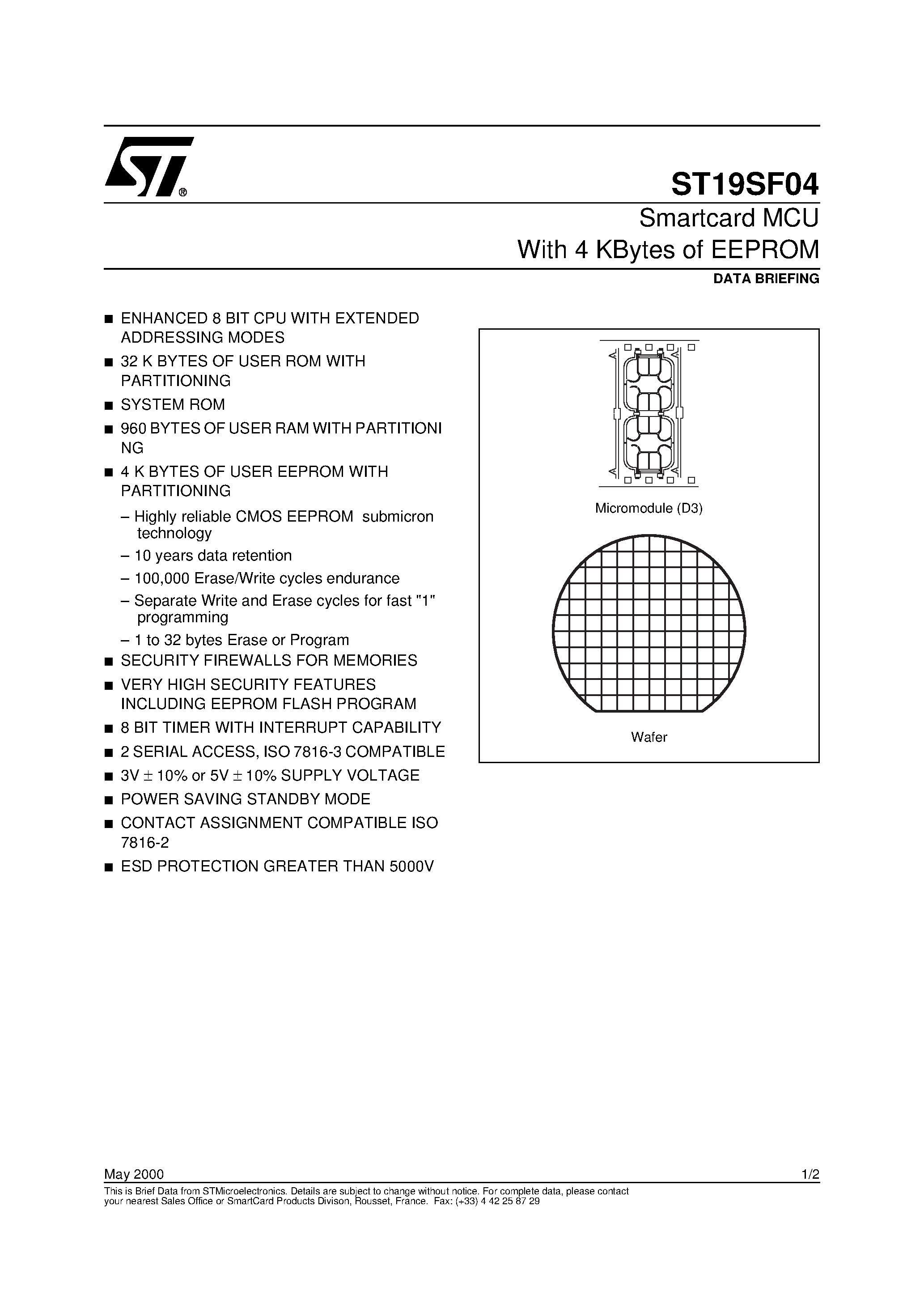 Даташит ST19SF04 - Smartcard MCU With 4 KBytes of EEPROM страница 1