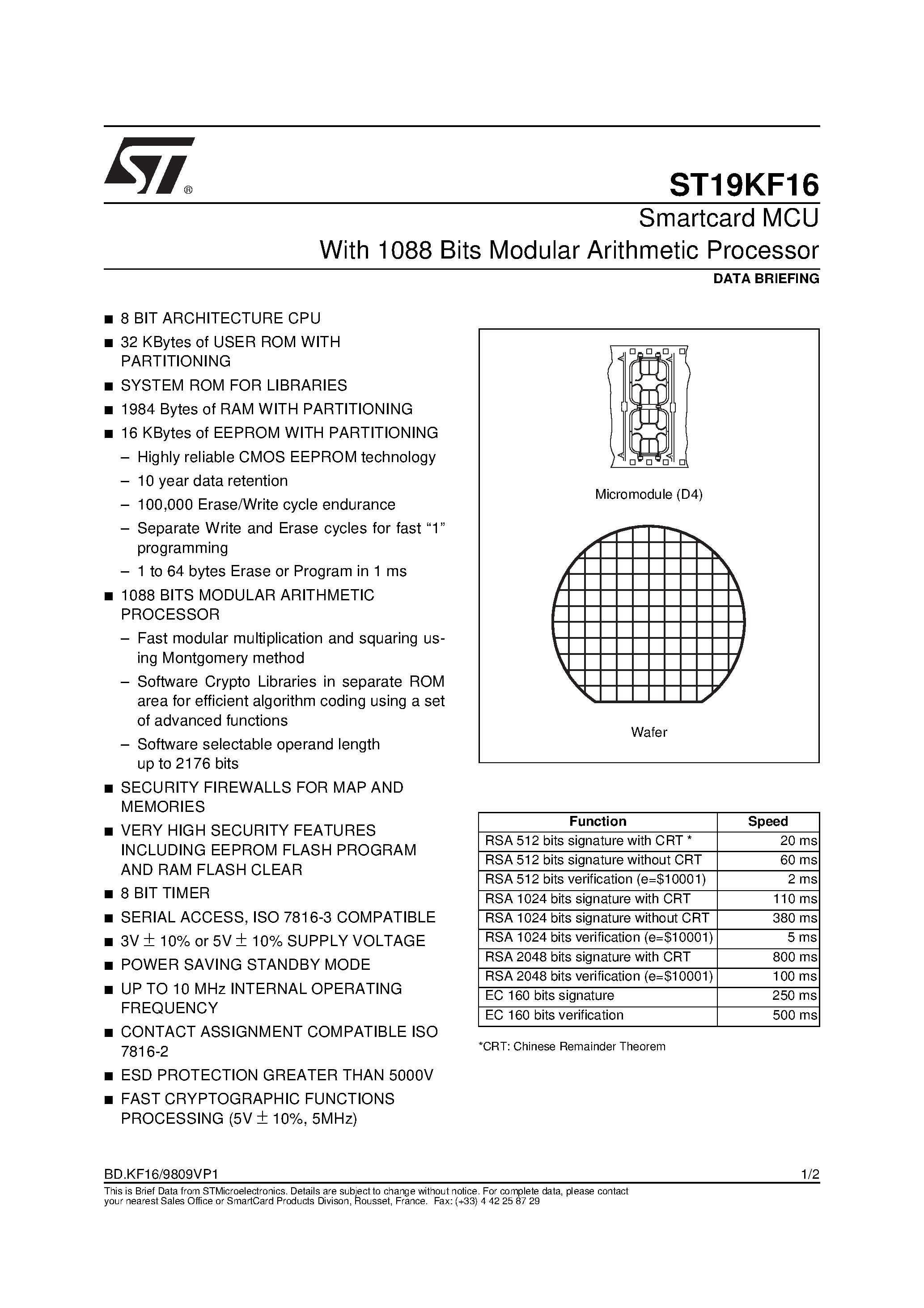 Даташит ST19KF16 - Smartcard MCU With 1088 Bits Modular Arithmetic Processor страница 1