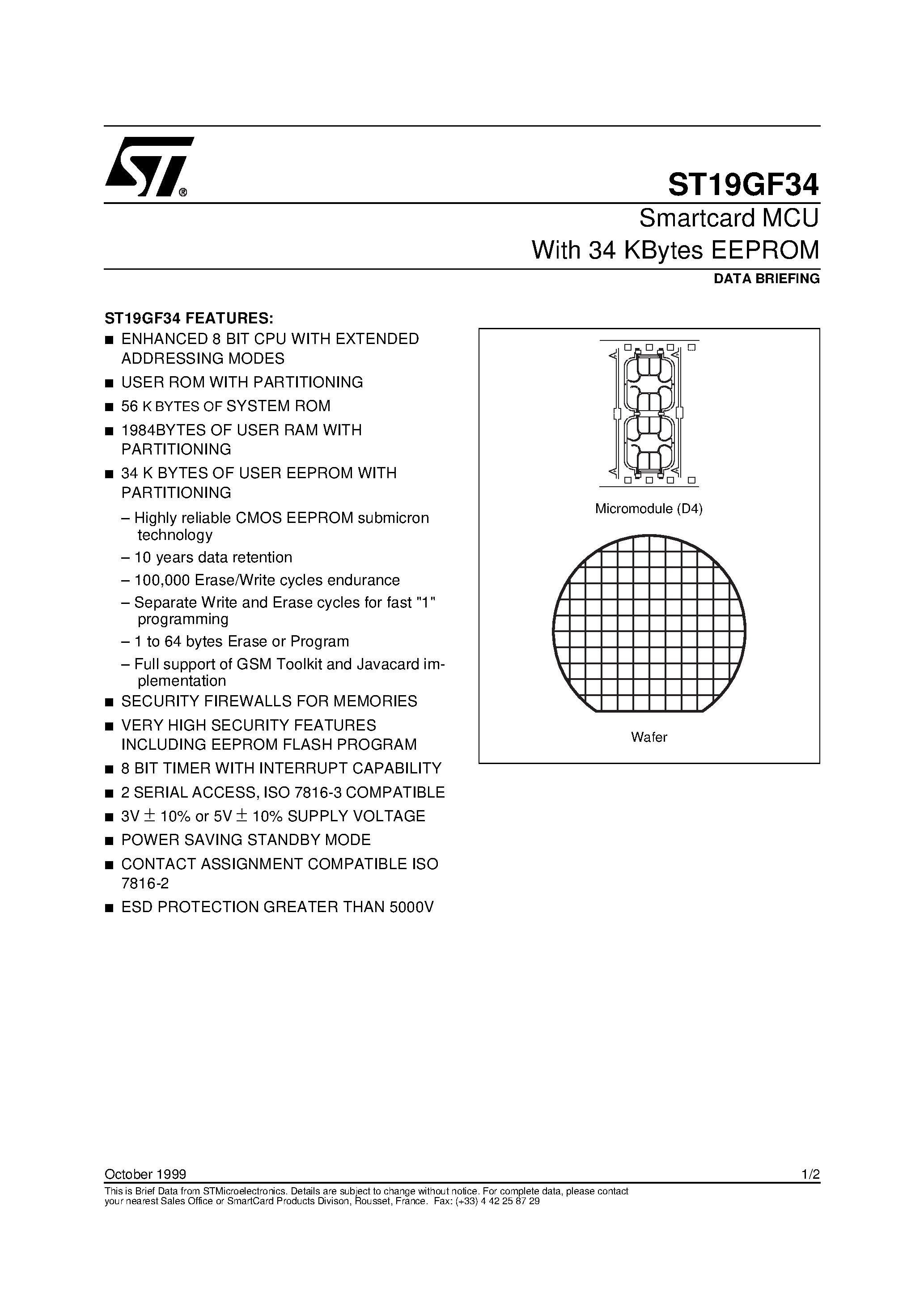 Даташит ST19GF34 - Smartcard MCU With 34 KBytes EEPROM страница 1