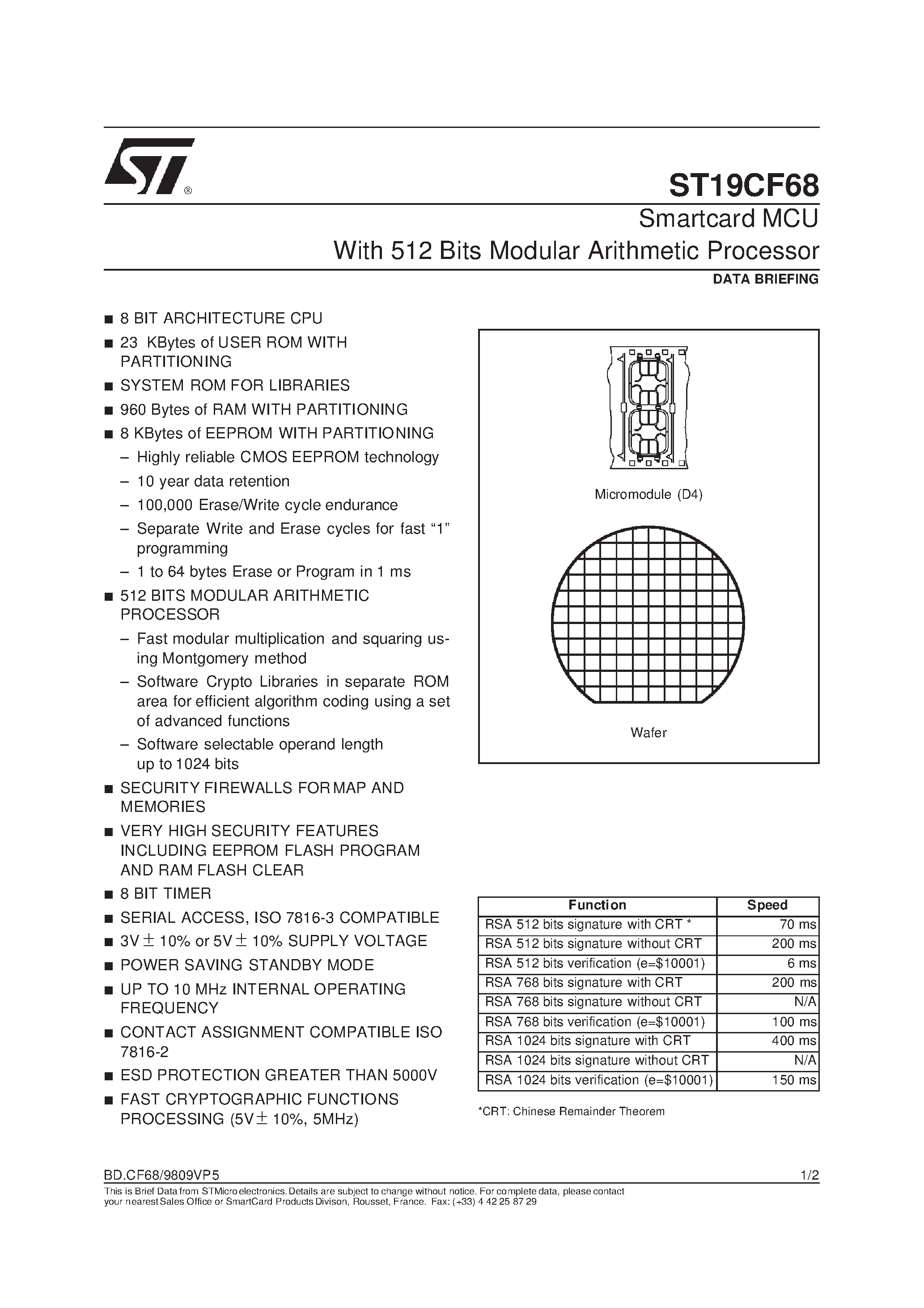 Даташит ST19CF68 - Smartcard MCU With 512 Bits Modular Arithmetic Processor страница 1