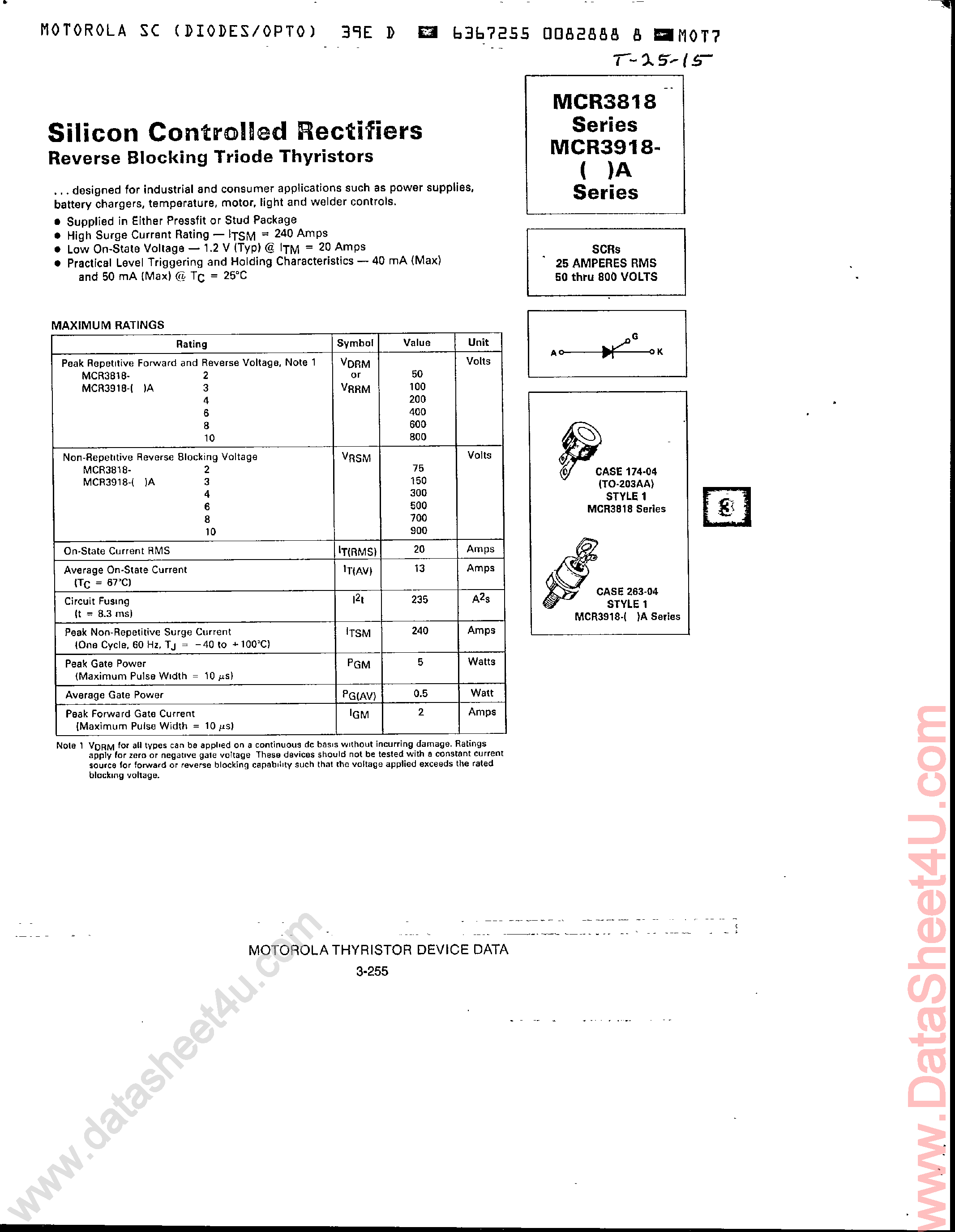 Datasheet MCR3818 - Silicon Controlled Rectifiers page 1