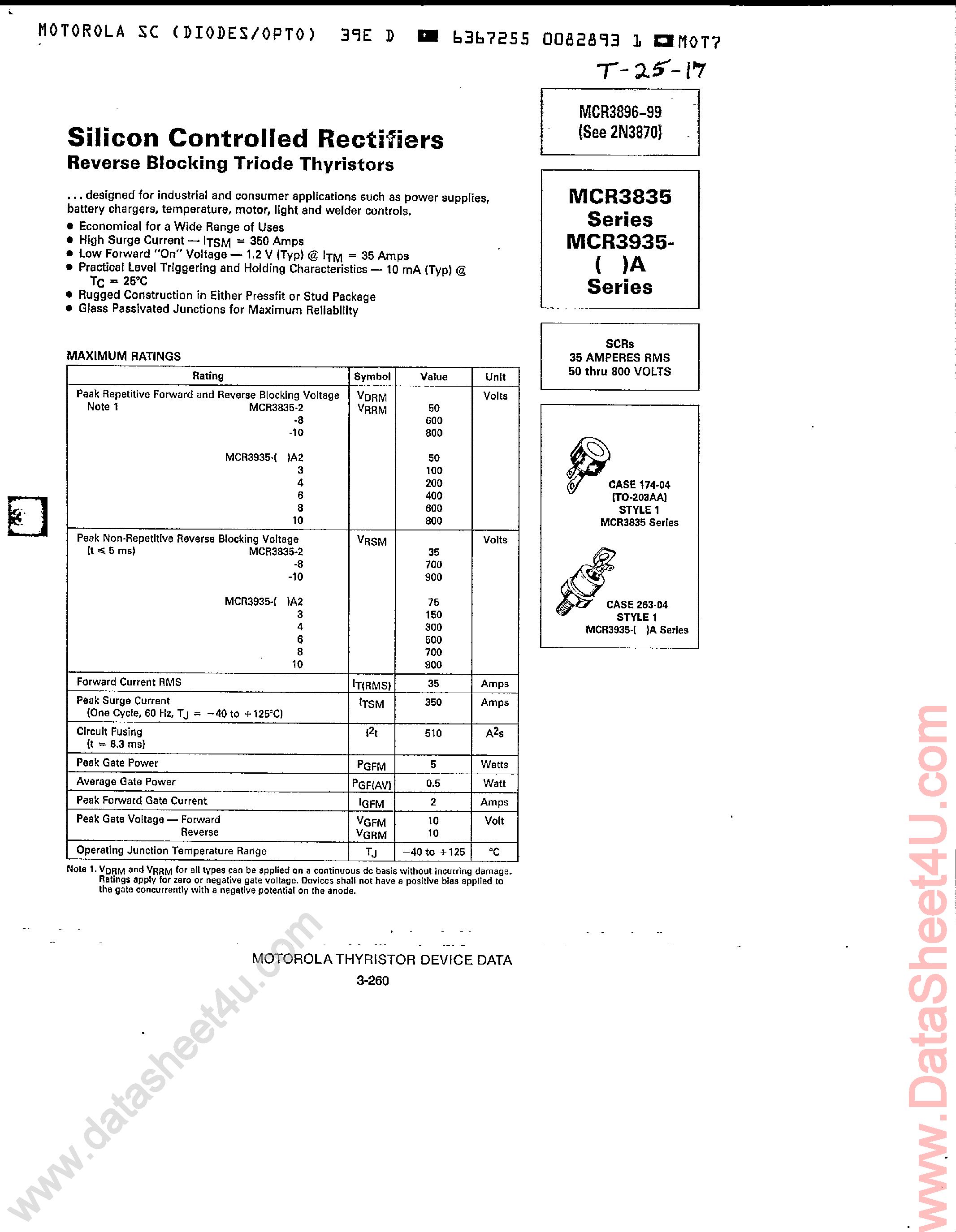 Datasheet MCR3835 - Silicon Controlled Rectifiers page 1