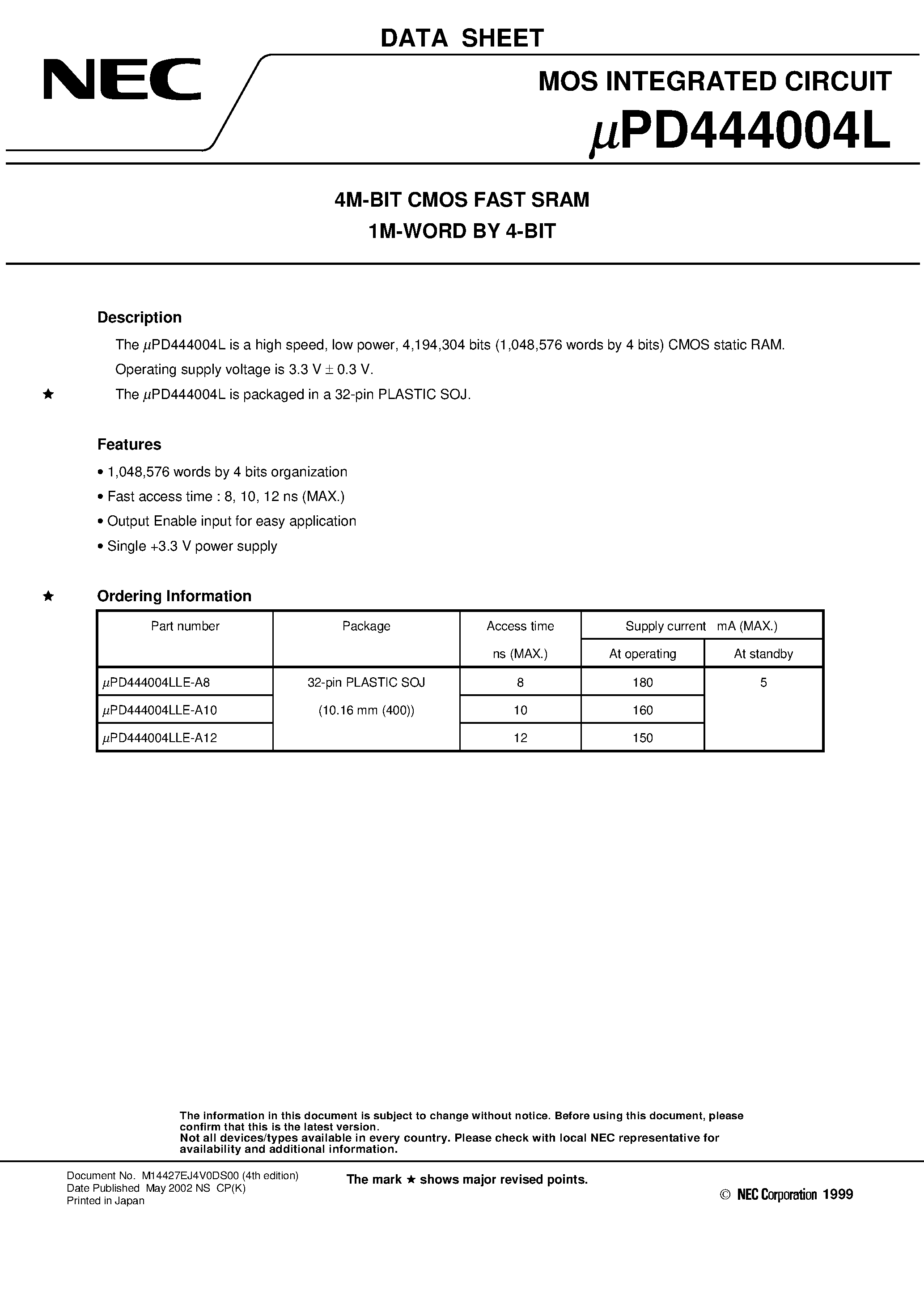 Datasheet UPD444004L - 4M-BIT CMOS FAST SRAM 1M-WORD BY 4-BIT page 1