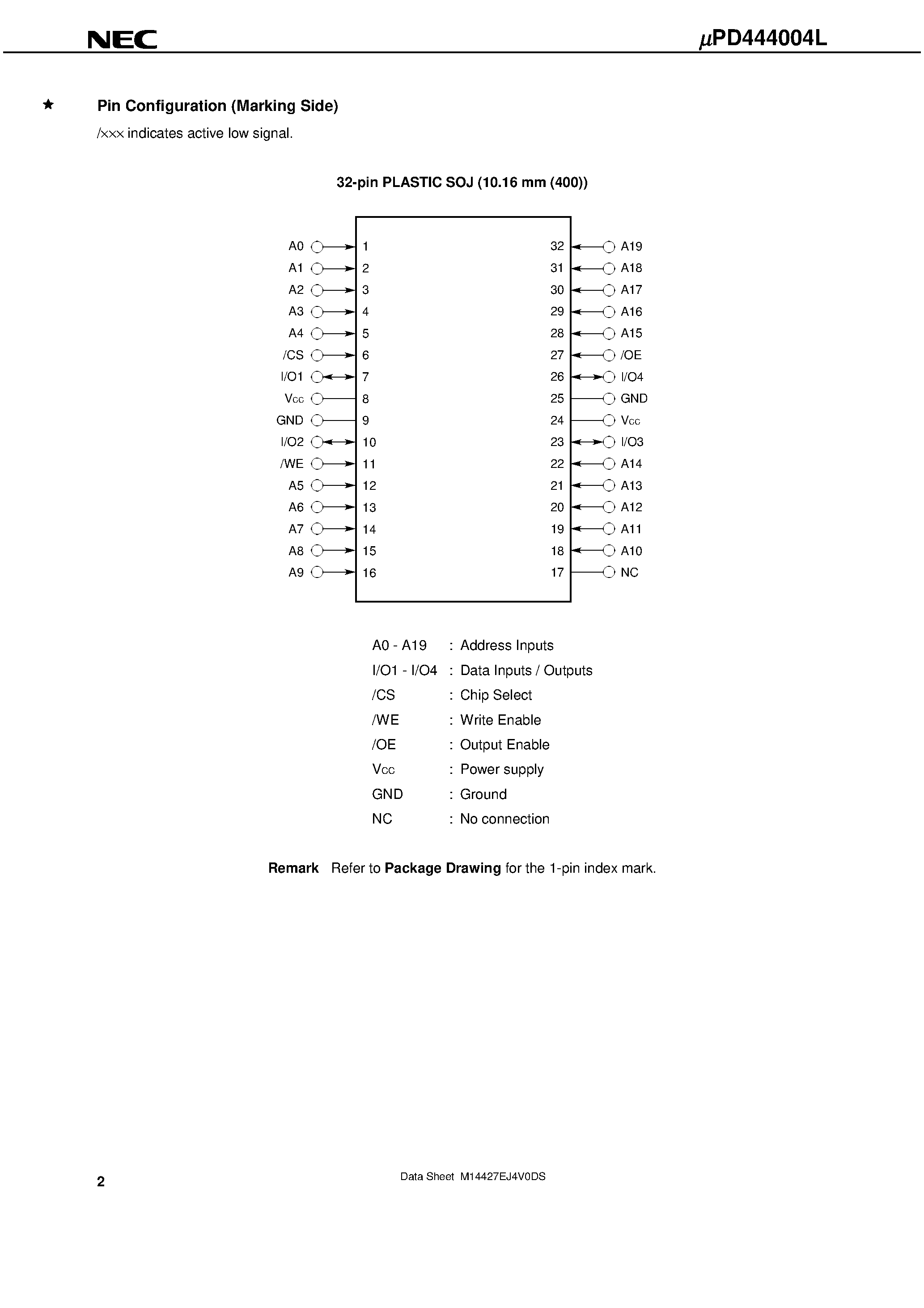 Datasheet UPD444004L - 4M-BIT CMOS FAST SRAM 1M-WORD BY 4-BIT page 2