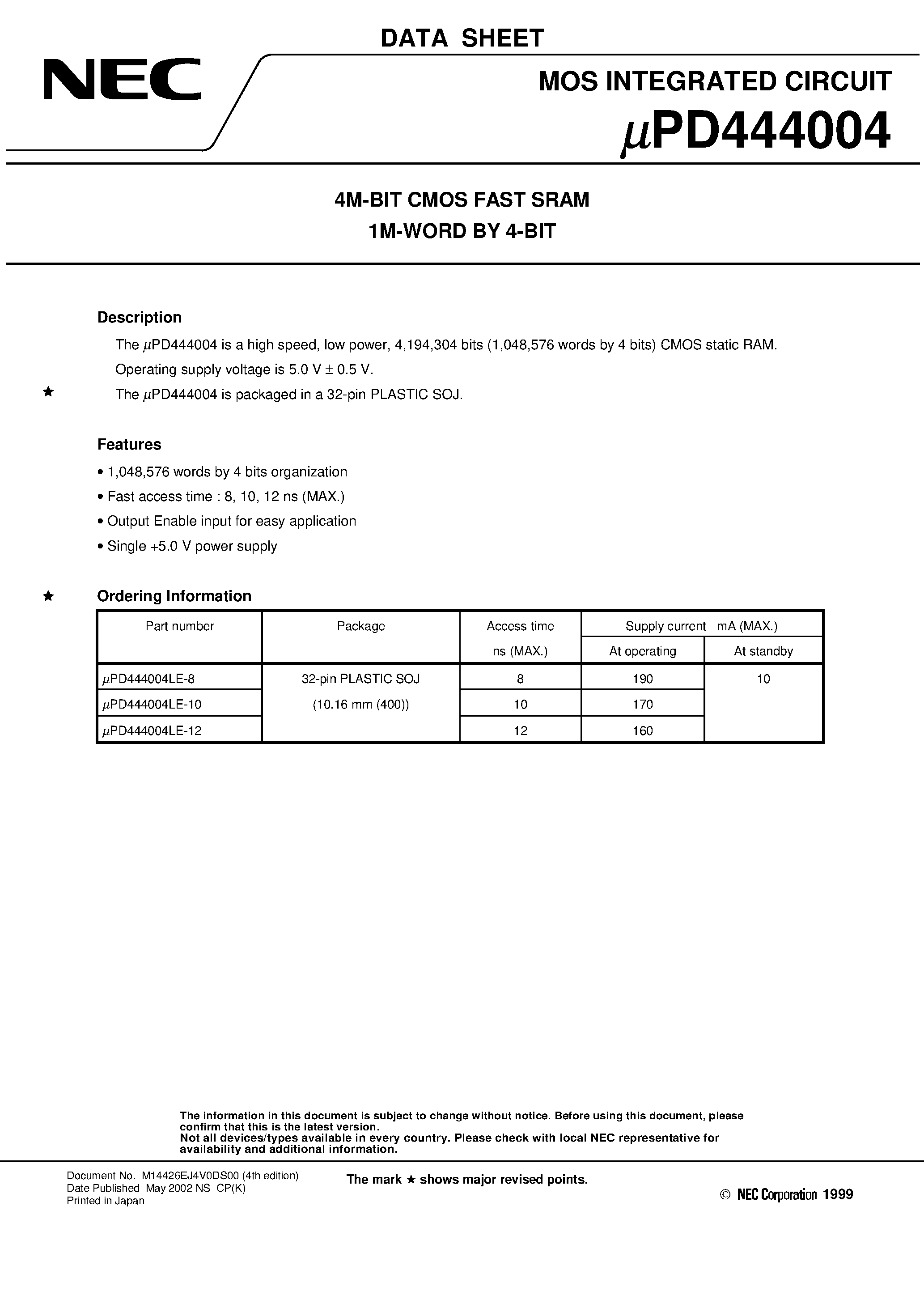 Datasheet UPD444004 - 4M-BIT CMOS FAST SRAM 1M-WORD BY 4-BIT page 1