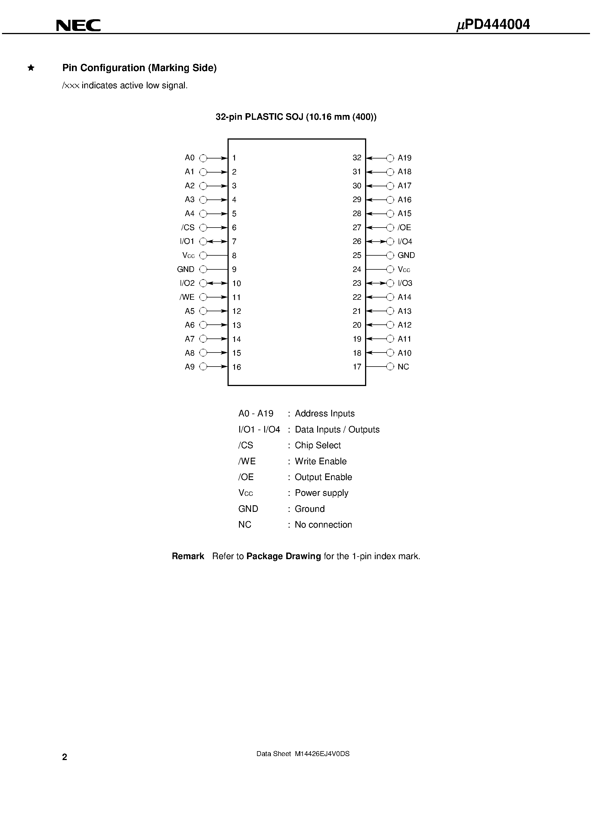 Datasheet UPD444004 - 4M-BIT CMOS FAST SRAM 1M-WORD BY 4-BIT page 2